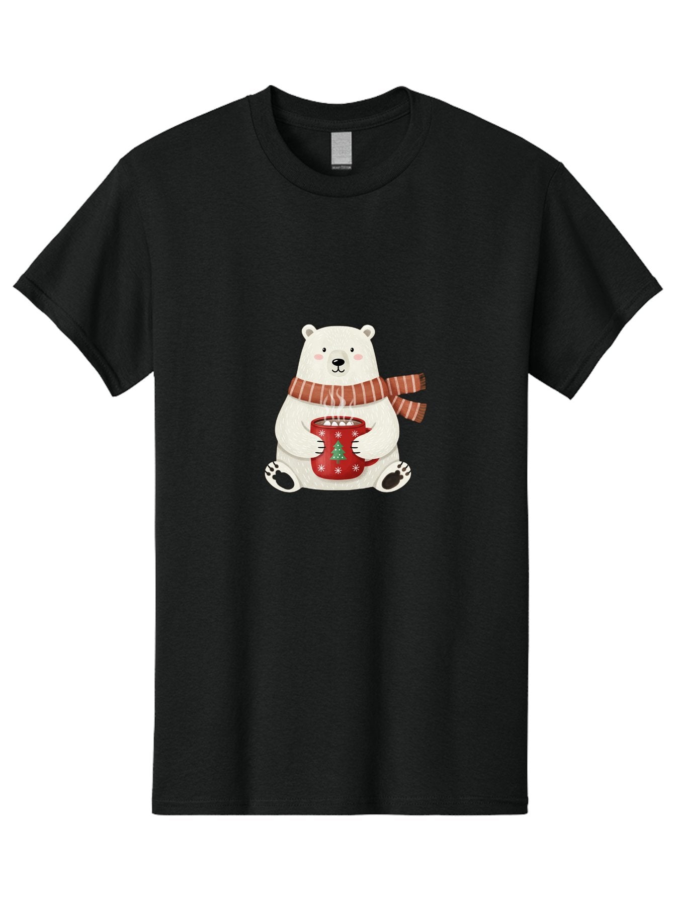 Polar-Bear-With-Mug Men'S Graphic Tee, 100% Cotton, Comfortable Casual Summer Wear, Machine Washable, Polar Bear, Winter Scene, Festive Scarf, Christmas Mug, Hot Chocolate, White Snowflakes, Red Mug, Green Christmas Tree, Cold Climate, Bae676 14