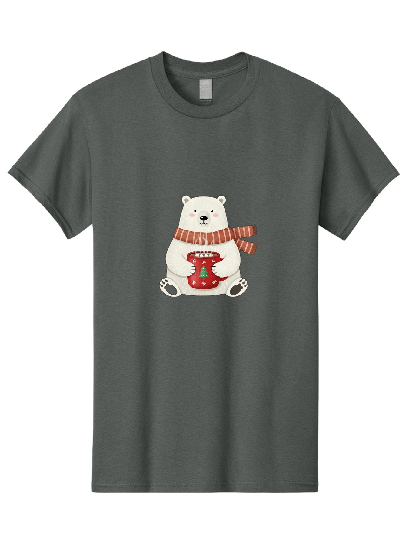Polar-Bear-With-Mug Men'S Graphic Tee, 100% Cotton, Comfortable Casual Summer Wear, Machine Washable, Polar Bear, Winter Scene, Festive Scarf, Christmas Mug, Hot Chocolate, White Snowflakes, Red Mug, Green Christmas Tree, Cold Climate, Bae676
