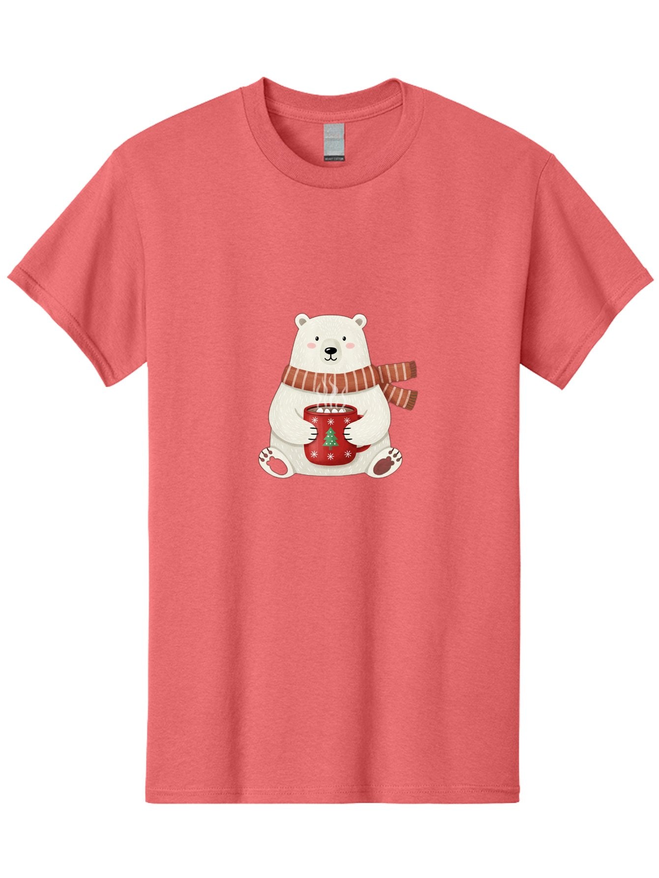 Polar-Bear-With-Mug Men'S Graphic Tee, 100% Cotton, Comfortable Casual Summer Wear, Machine Washable, Polar Bear, Winter Scene, Festive Scarf, Christmas Mug, Hot Chocolate, White Snowflakes, Red Mug, Green Christmas Tree, Cold Climate, Bae676 13