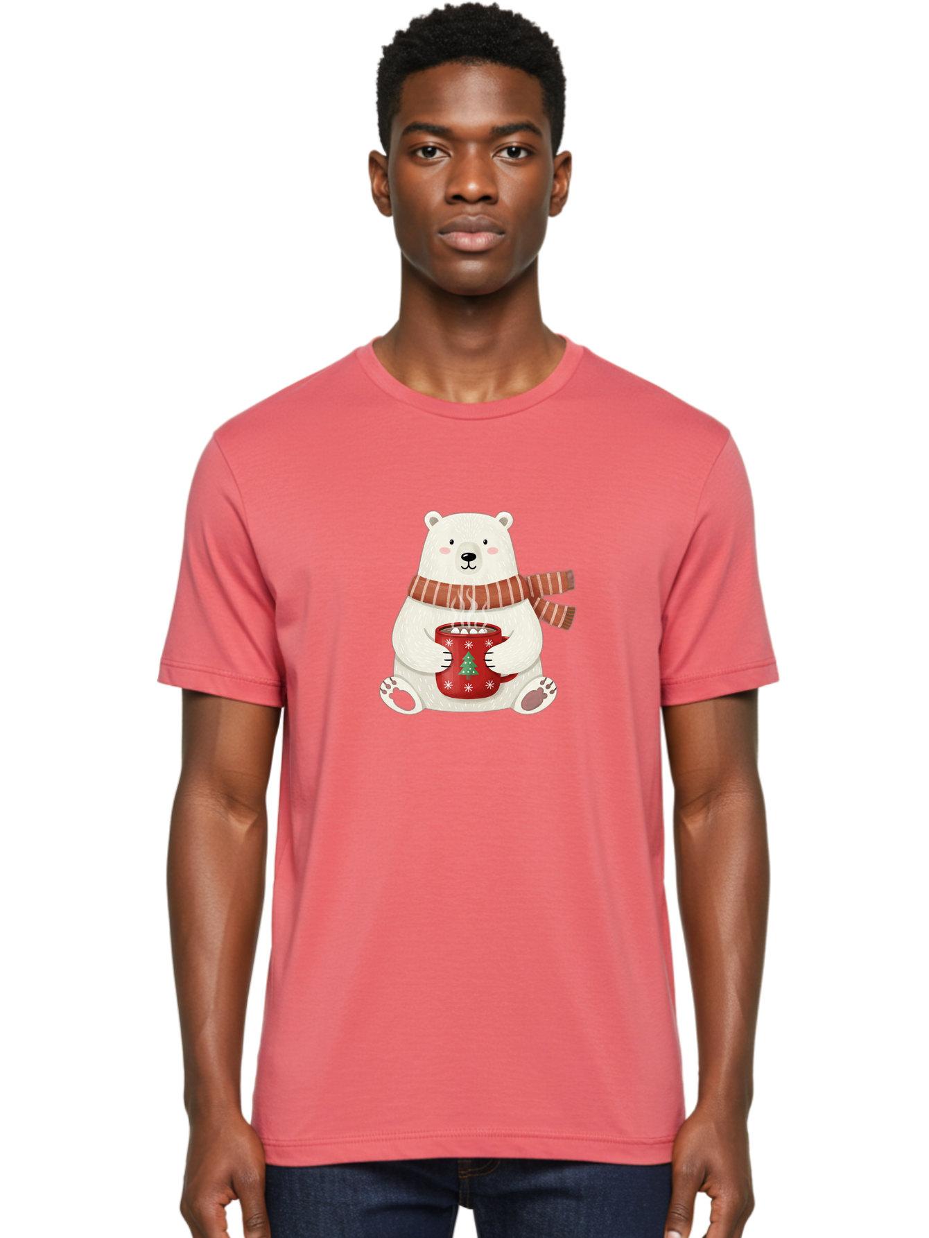 Polar-Bear-With-Mug Men'S Graphic Tee, 100% Cotton, Comfortable Casual Summer Wear, Machine Washable, Polar Bear, Winter Scene, Festive Scarf, Christmas Mug, Hot Chocolate, White Snowflakes, Red Mug, Green Christmas Tree, Cold Climate, Bae676 30