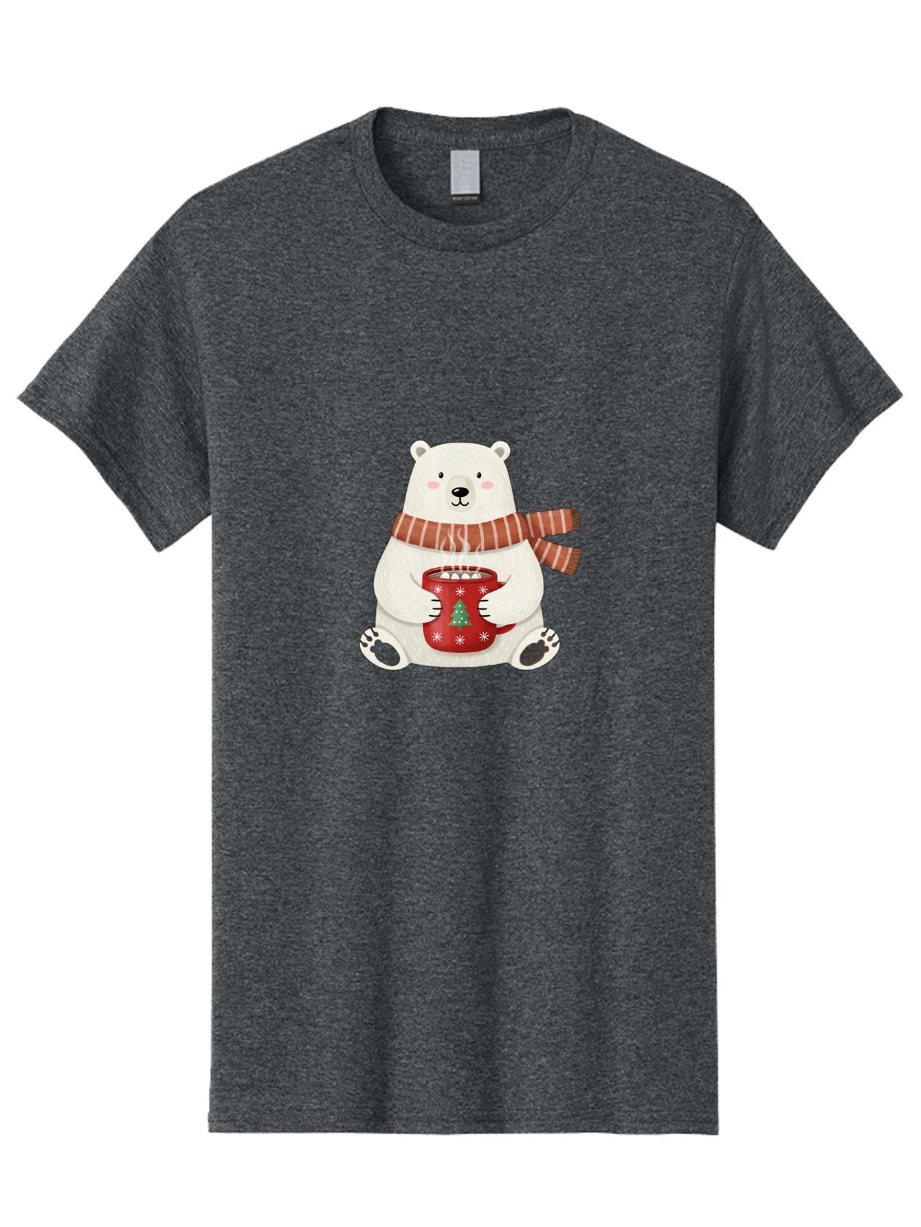 Polar-Bear-With-Mug Men'S Graphic Tee, 100% Cotton, Comfortable Casual Summer Wear, Machine Washable, Polar Bear, Winter Scene, Festive Scarf, Christmas Mug, Hot Chocolate, White Snowflakes, Red Mug, Green Christmas Tree, Cold Climate, Bae676 8