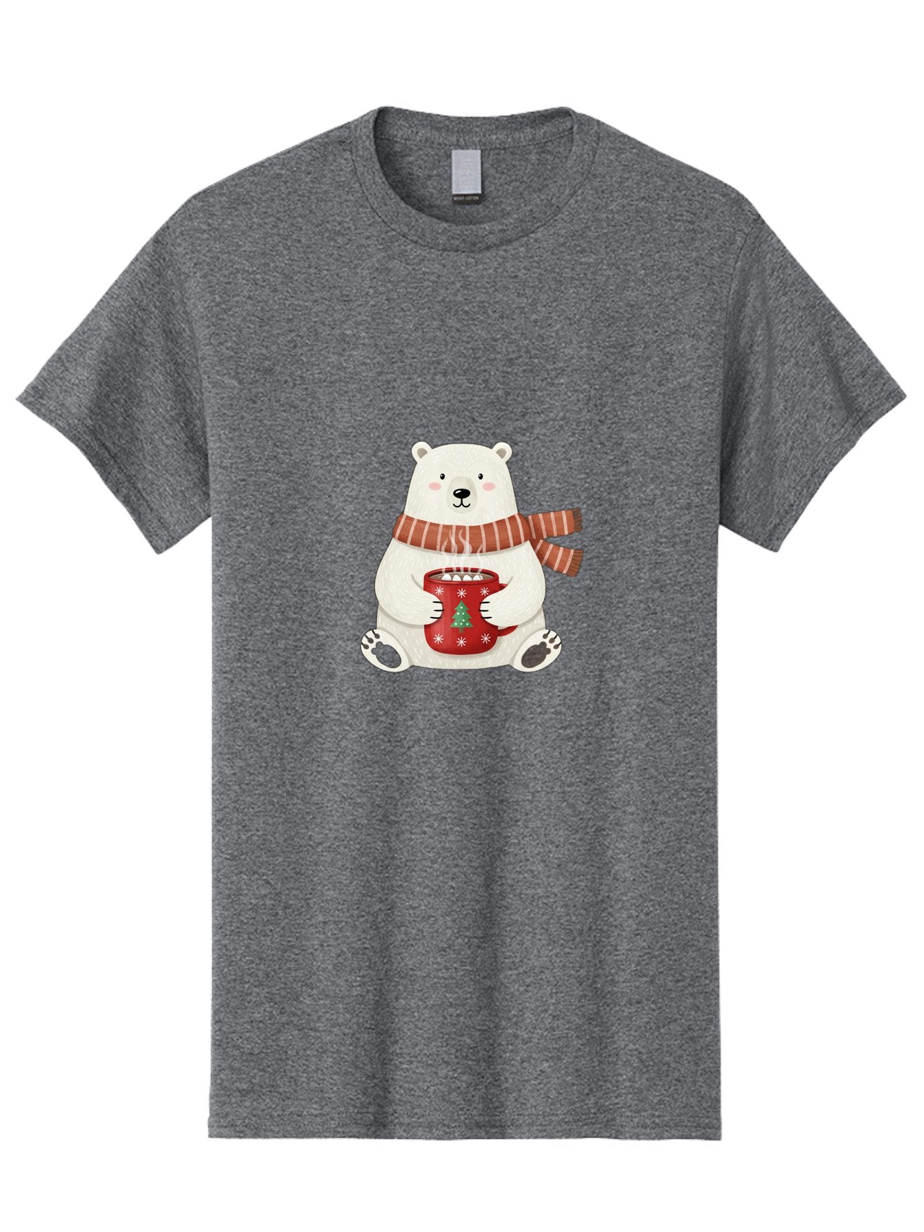 Polar-Bear-With-Mug Men'S Graphic Tee, 100% Cotton, Comfortable Casual Summer Wear, Machine Washable, Polar Bear, Winter Scene, Festive Scarf, Christmas Mug, Hot Chocolate, White Snowflakes, Red Mug, Green Christmas Tree, Cold Climate, Bae676 9