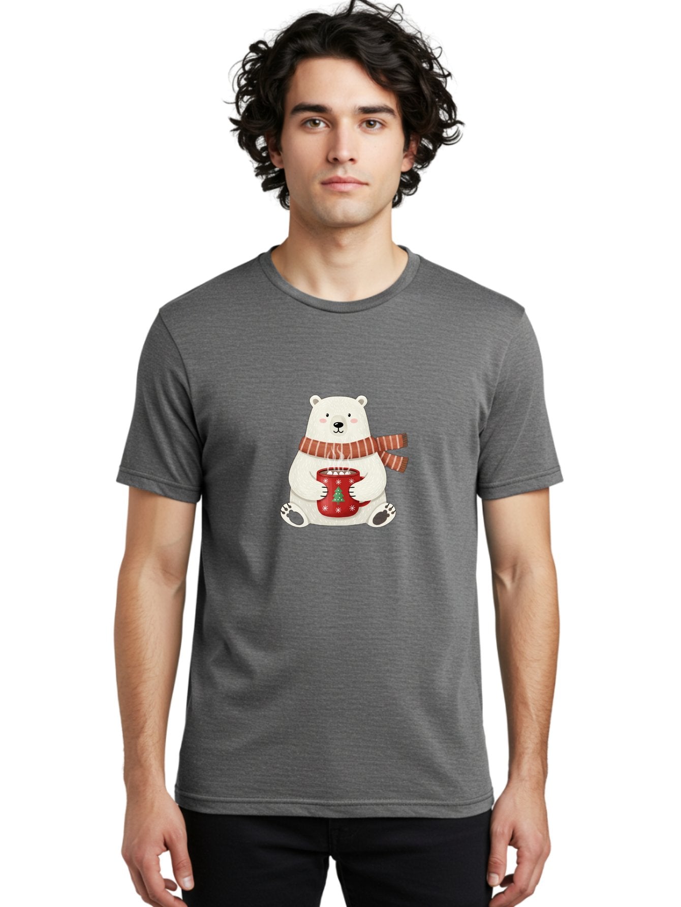 Polar-Bear-With-Mug Men'S Graphic Tee, 100% Cotton, Comfortable Casual Summer Wear, Machine Washable, Polar Bear, Winter Scene, Festive Scarf, Christmas Mug, Hot Chocolate, White Snowflakes, Red Mug, Green Christmas Tree, Cold Climate, Bae676 26