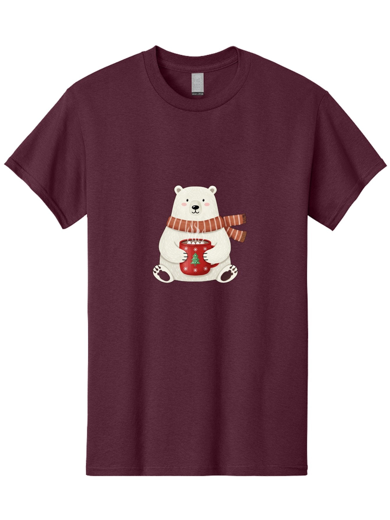 Polar-Bear-With-Mug Men'S Graphic Tee, 100% Cotton, Comfortable Casual Summer Wear, Machine Washable, Polar Bear, Winter Scene, Festive Scarf, Christmas Mug, Hot Chocolate, White Snowflakes, Red Mug, Green Christmas Tree, Cold Climate, Bae676 5