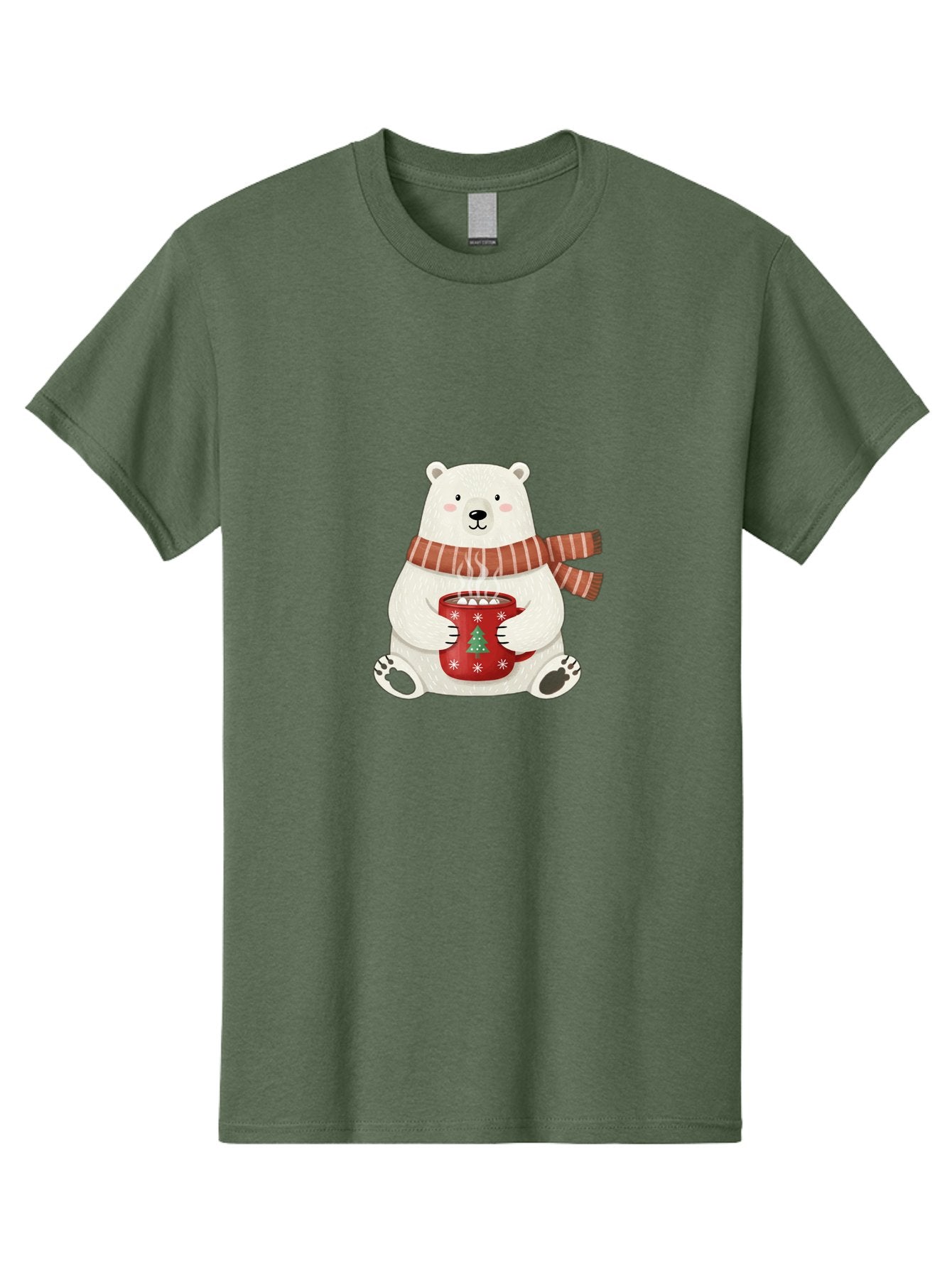 Polar-Bear-With-Mug Men'S Graphic Tee, 100% Cotton, Comfortable Casual Summer Wear, Machine Washable, Polar Bear, Winter Scene, Festive Scarf, Christmas Mug, Hot Chocolate, White Snowflakes, Red Mug, Green Christmas Tree, Cold Climate, Bae676 7