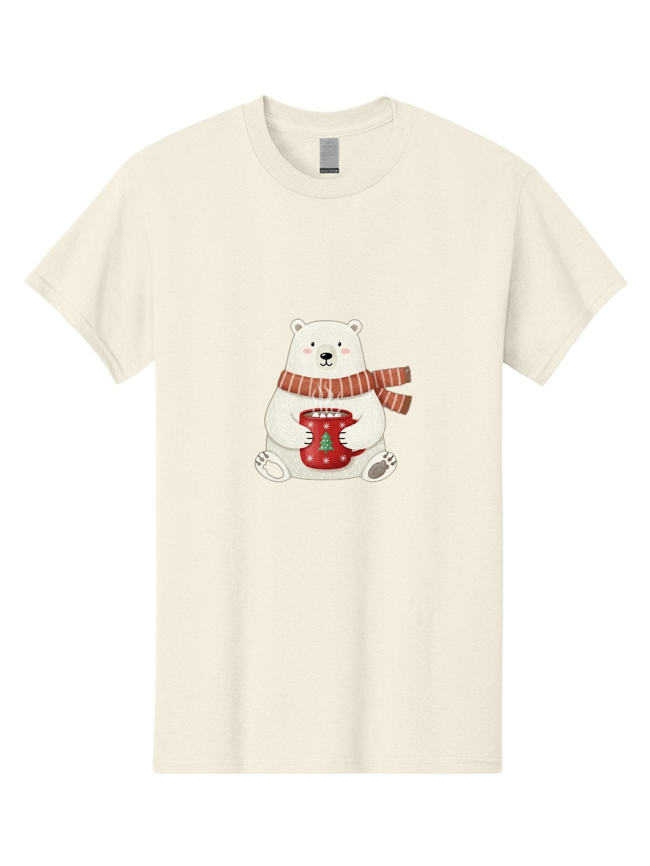 Polar-Bear-With-Mug Men'S Graphic Tee, 100% Cotton, Comfortable Casual Summer Wear, Machine Washable, Polar Bear, Winter Scene, Festive Scarf, Christmas Mug, Hot Chocolate, White Snowflakes, Red Mug, Green Christmas Tree, Cold Climate, Bae676 6