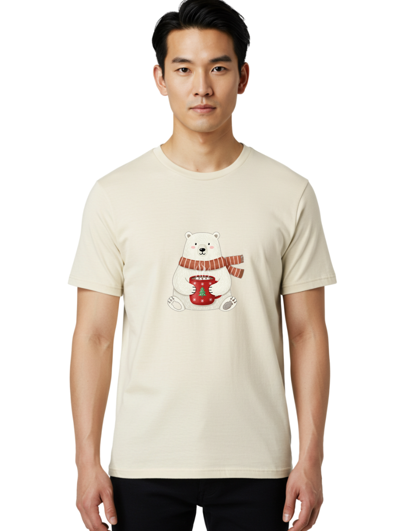 Polar-Bear-With-Mug Men'S Graphic Tee, 100% Cotton, Comfortable Casual Summer Wear, Machine Washable, Polar Bear, Winter Scene, Festive Scarf, Christmas Mug, Hot Chocolate, White Snowflakes, Red Mug, Green Christmas Tree, Cold Climate, Bae676 22