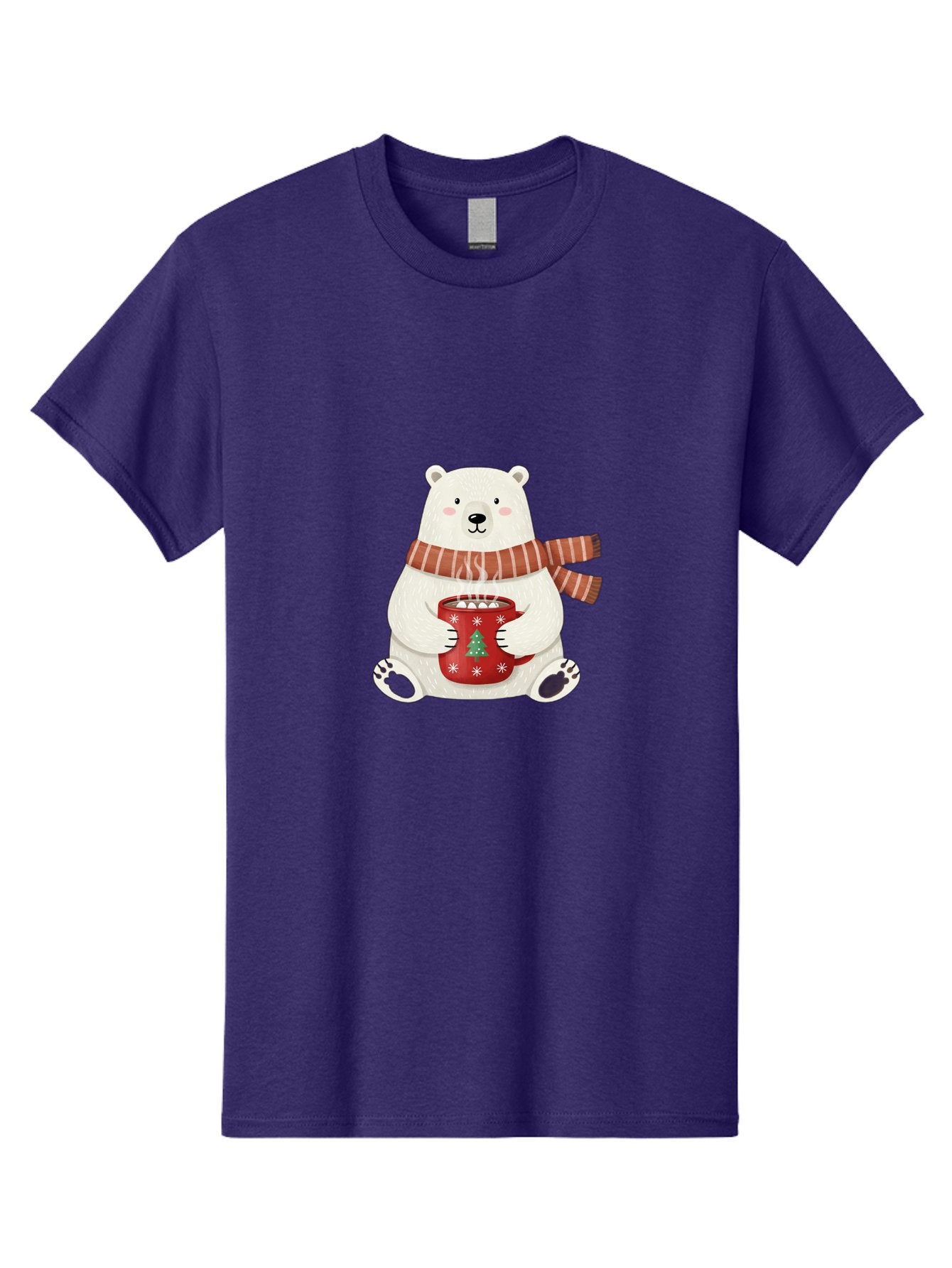 Polar-Bear-With-Mug Men'S Graphic Tee, 100% Cotton, Comfortable Casual Summer Wear, Machine Washable, Polar Bear, Winter Scene, Festive Scarf, Christmas Mug, Hot Chocolate, White Snowflakes, Red Mug, Green Christmas Tree, Cold Climate, Bae676 15