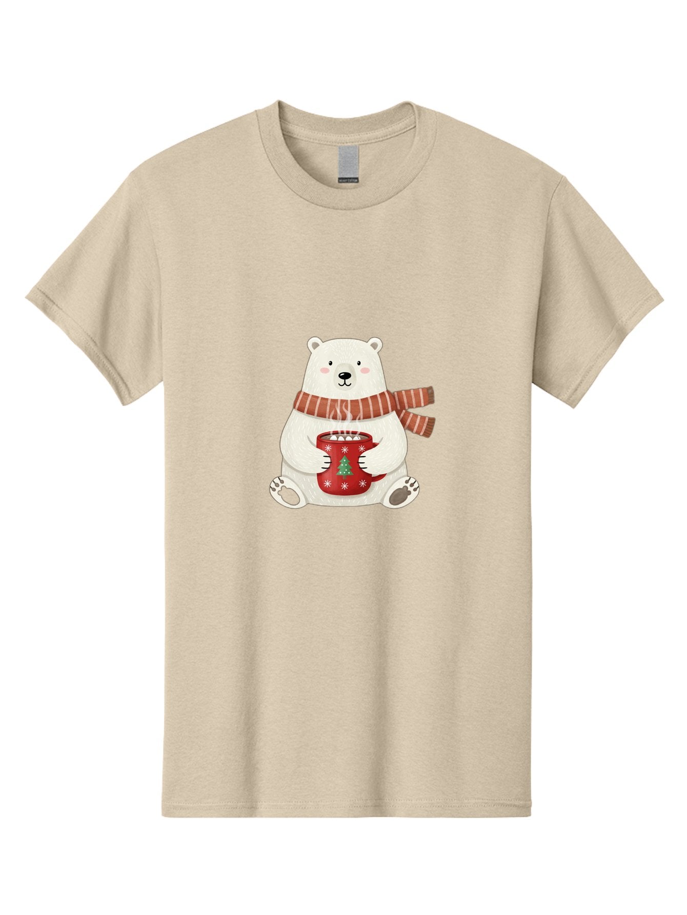 Polar-Bear-With-Mug Men'S Graphic Tee, 100% Cotton, Comfortable Casual Summer Wear, Machine Washable, Polar Bear, Winter Scene, Festive Scarf, Christmas Mug, Hot Chocolate, White Snowflakes, Red Mug, Green Christmas Tree, Cold Climate, Bae676 11