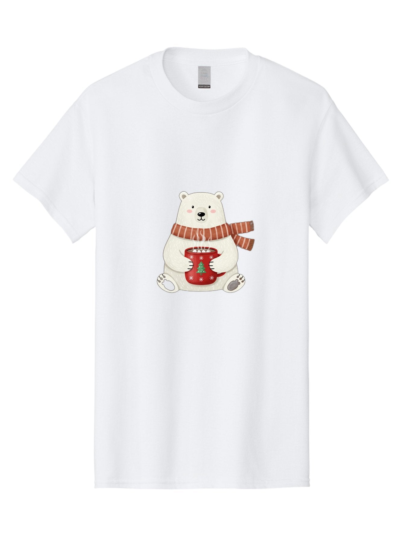 Polar-Bear-With-Mug Men'S Graphic Tee, 100% Cotton, Comfortable Casual Summer Wear, Machine Washable, Polar Bear, Winter Scene, Festive Scarf, Christmas Mug, Hot Chocolate, White Snowflakes, Red Mug, Green Christmas Tree, Cold Climate, Bae676 12