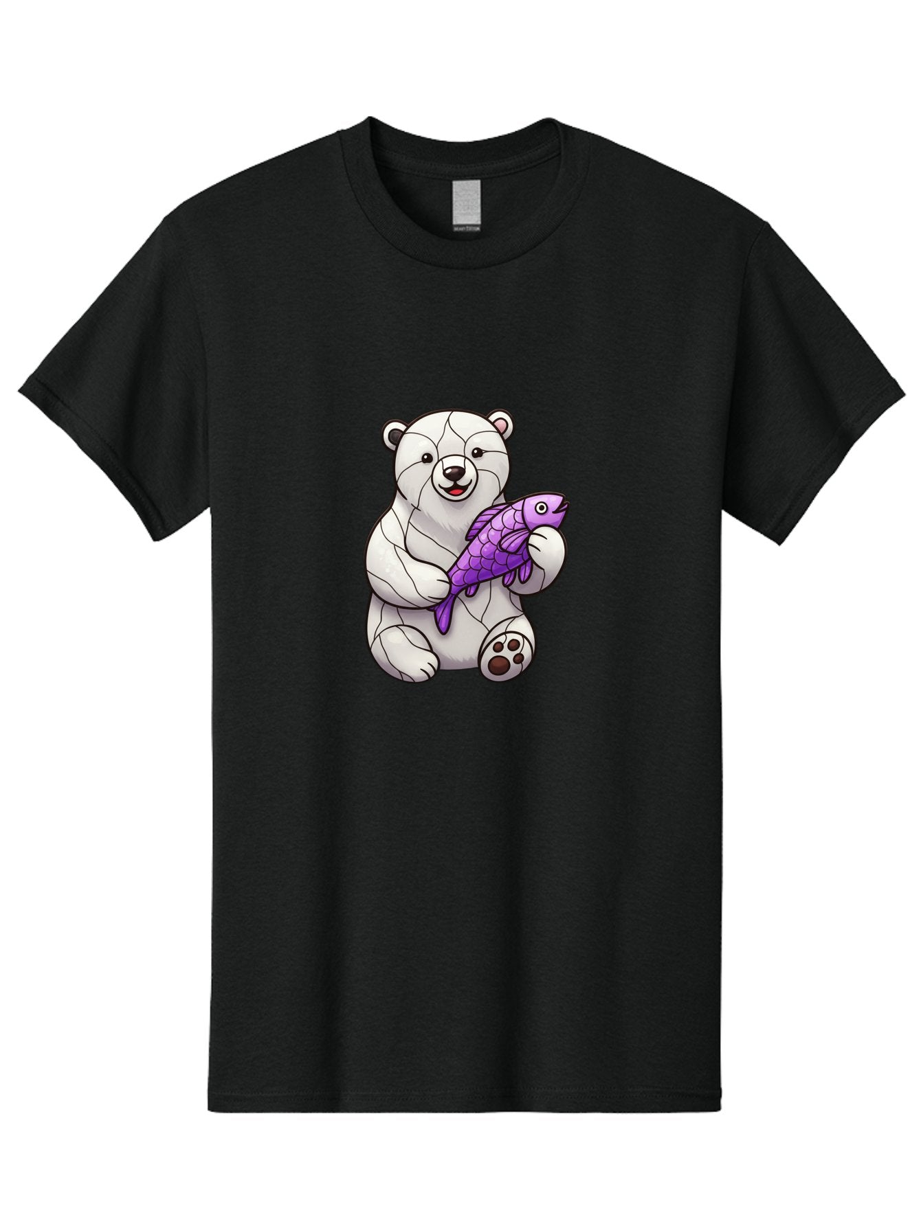 Polar-Bear-With-Purple-Fish-1 Men'S Graphic Tee, 100% Cotton, Comfortable Casual Summer Wear, Machine Washable, Cartoon Polar Bear, White Bear, Holding Purple Fish, Happy Animal, Playful Creature, Funny Illustration, Animal Graphics, Bae677