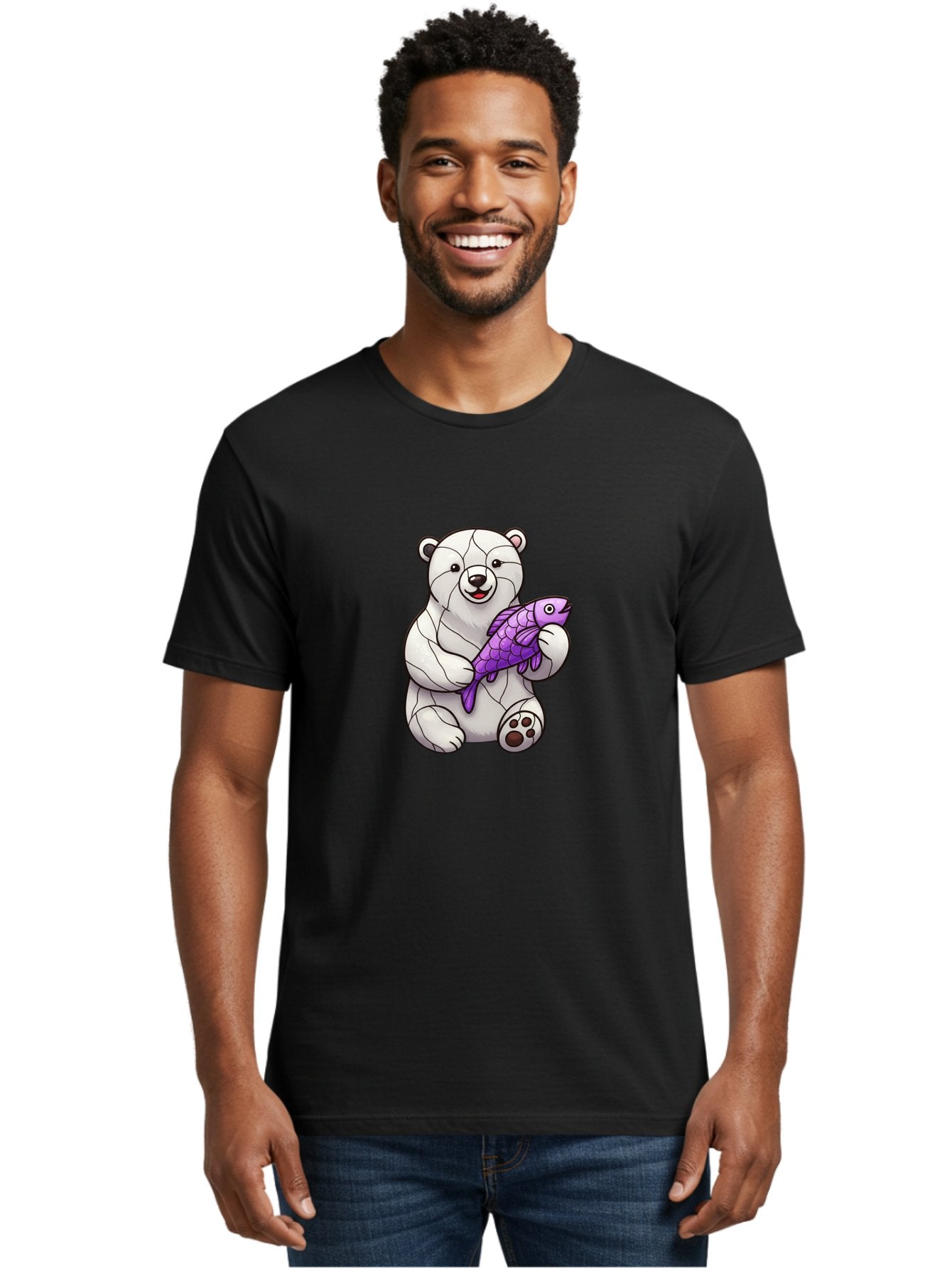 Polar-Bear-With-Purple-Fish-1 Men'S Graphic Tee, 100% Cotton, Comfortable Casual Summer Wear, Machine Washable, Cartoon Polar Bear, White Bear, Holding Purple Fish, Happy Animal, Playful Creature, Funny Illustration, Animal Graphics, Bae677 19