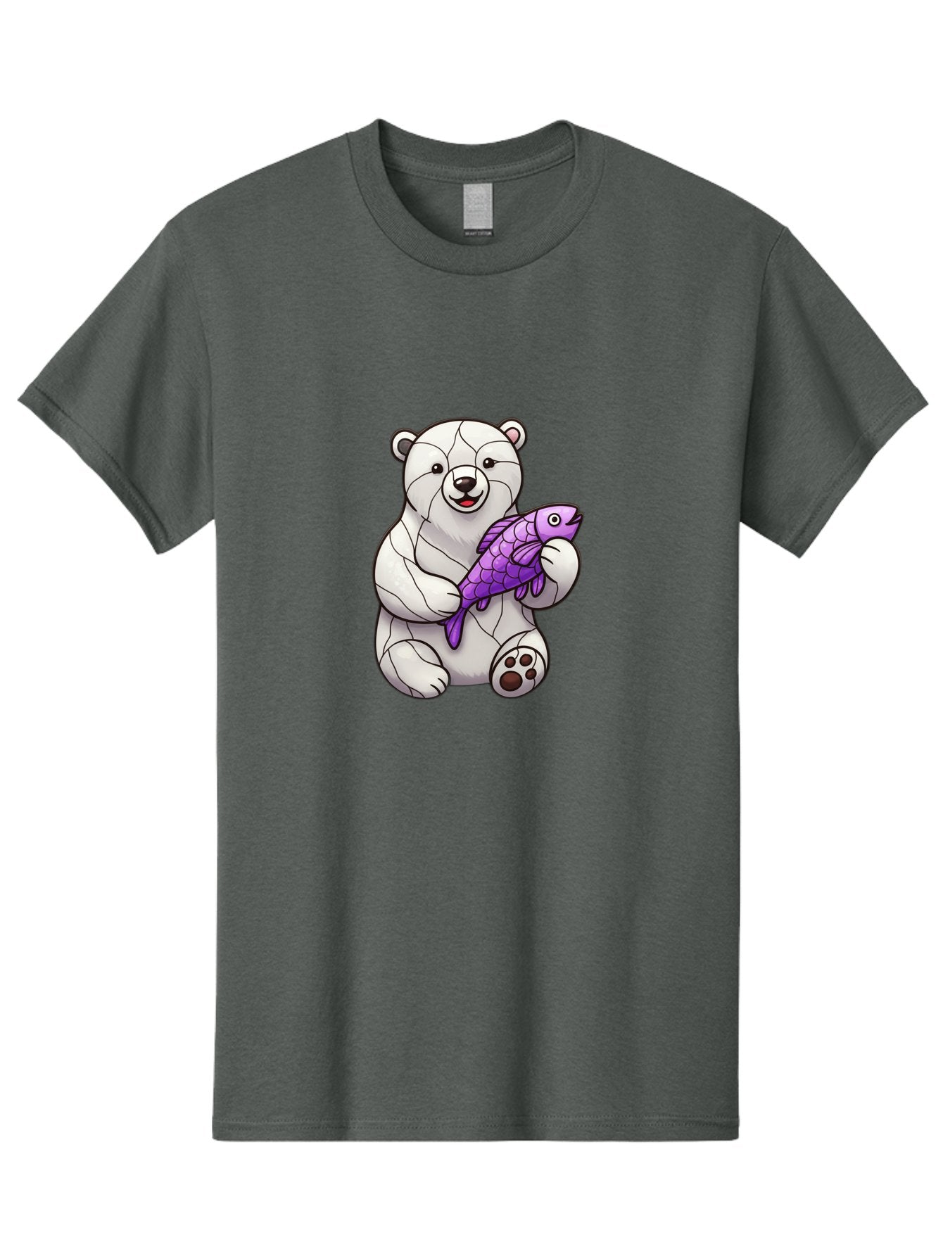 Polar-Bear-With-Purple-Fish-1 Men'S Graphic Tee, 100% Cotton, Comfortable Casual Summer Wear, Machine Washable, Cartoon Polar Bear, White Bear, Holding Purple Fish, Happy Animal, Playful Creature, Funny Illustration, Animal Graphics, Bae677 13