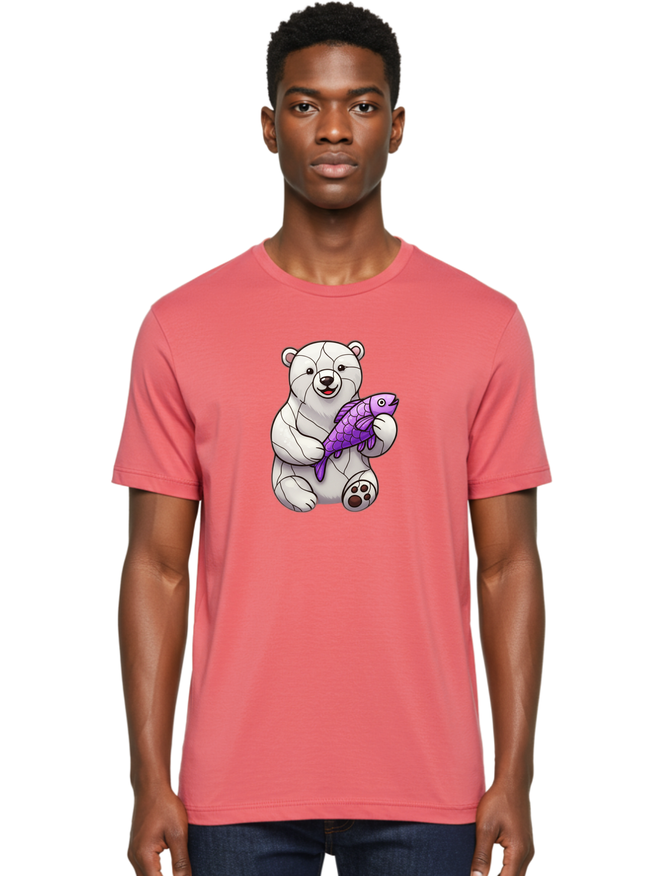 Polar-Bear-With-Purple-Fish-1 Men'S Graphic Tee, 100% Cotton, Comfortable Casual Summer Wear, Machine Washable, Cartoon Polar Bear, White Bear, Holding Purple Fish, Happy Animal, Playful Creature, Funny Illustration, Animal Graphics, Bae677 16