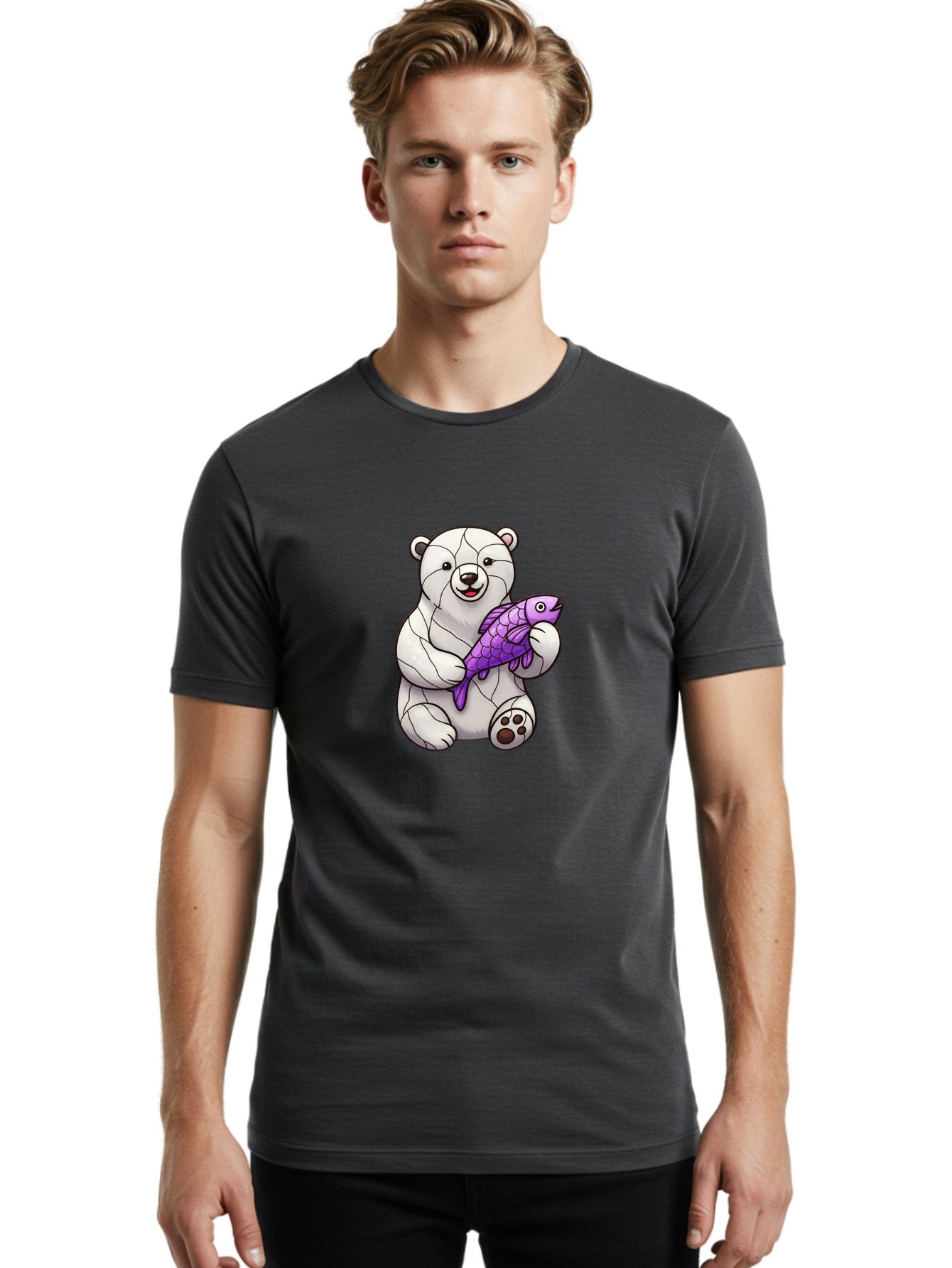 Polar-Bear-With-Purple-Fish-1 Men'S Graphic Tee, 100% Cotton, Comfortable Casual Summer Wear, Machine Washable, Cartoon Polar Bear, White Bear, Holding Purple Fish, Happy Animal, Playful Creature, Funny Illustration, Animal Graphics, Bae677 27