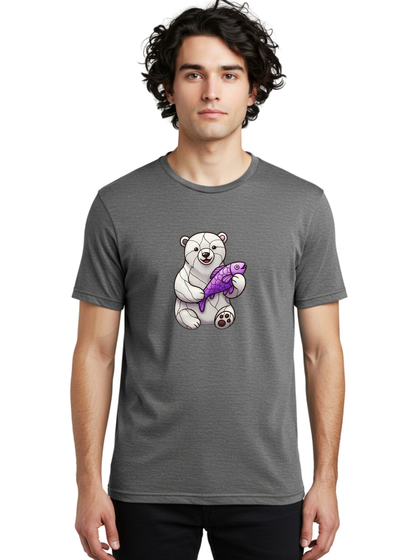 Polar-Bear-With-Purple-Fish-1 Men'S Graphic Tee, 100% Cotton, Comfortable Casual Summer Wear, Machine Washable, Cartoon Polar Bear, White Bear, Holding Purple Fish, Happy Animal, Playful Creature, Funny Illustration, Animal Graphics, Bae677 24
