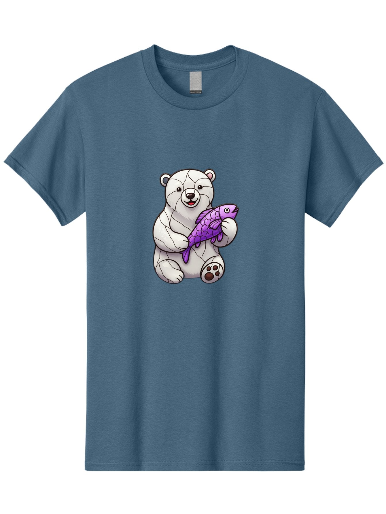 Polar-Bear-With-Purple-Fish-1 Men'S Graphic Tee, 100% Cotton, Comfortable Casual Summer Wear, Machine Washable, Cartoon Polar Bear, White Bear, Holding Purple Fish, Happy Animal, Playful Creature, Funny Illustration, Animal Graphics, Bae677 3