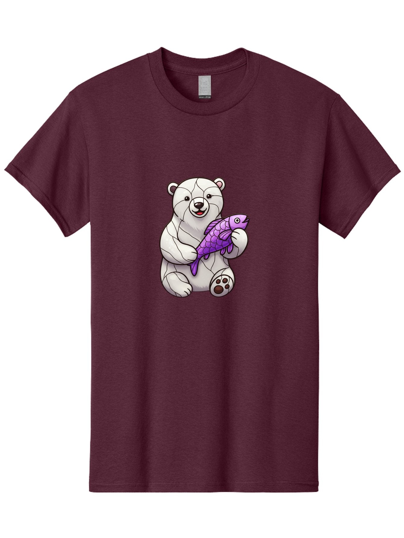 Polar-Bear-With-Purple-Fish-1 Men'S Graphic Tee, 100% Cotton, Comfortable Casual Summer Wear, Machine Washable, Cartoon Polar Bear, White Bear, Holding Purple Fish, Happy Animal, Playful Creature, Funny Illustration, Animal Graphics, Bae677