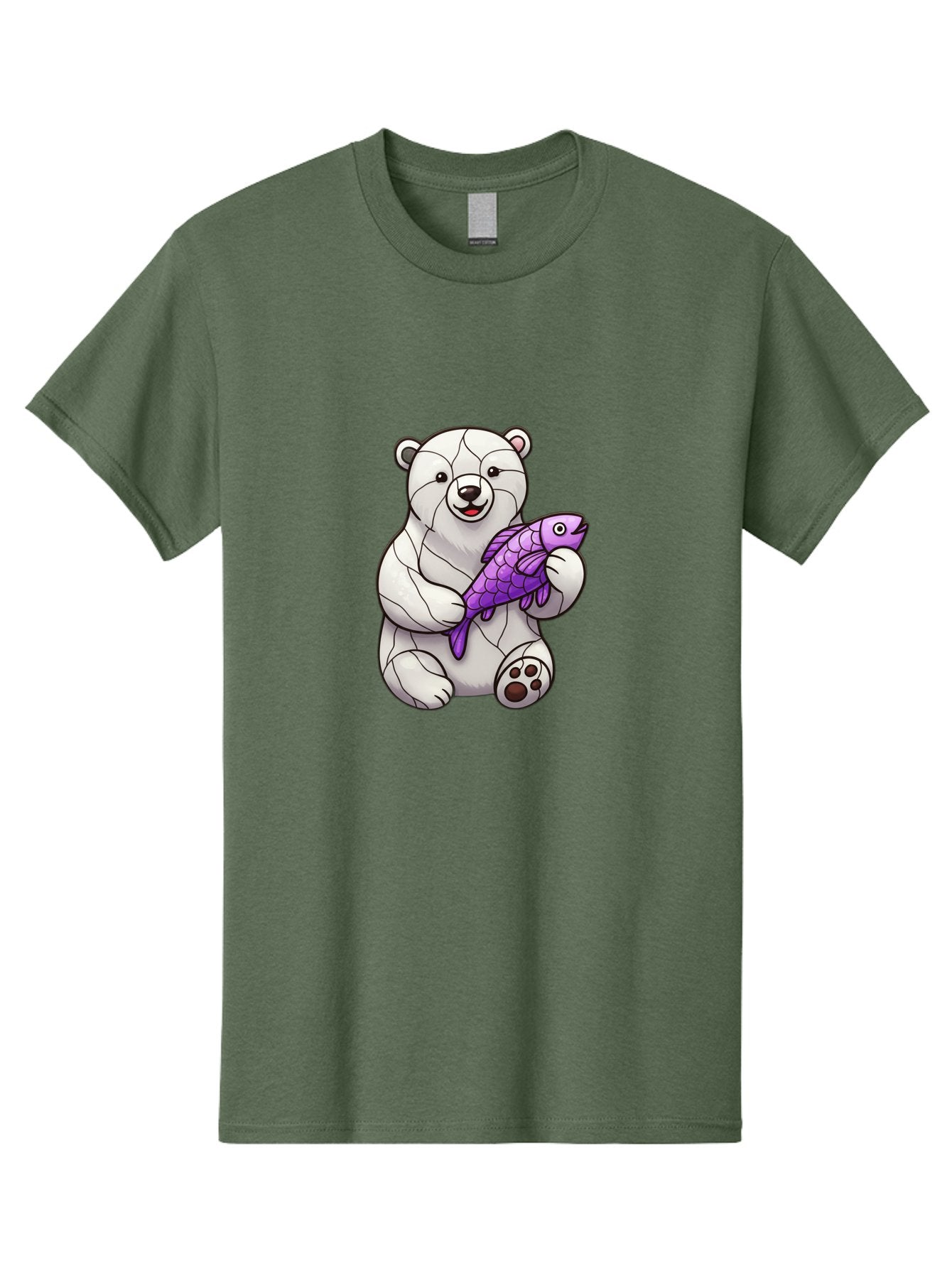 Polar-Bear-With-Purple-Fish-1 Men'S Graphic Tee, 100% Cotton, Comfortable Casual Summer Wear, Machine Washable, Cartoon Polar Bear, White Bear, Holding Purple Fish, Happy Animal, Playful Creature, Funny Illustration, Animal Graphics, Bae677 12
