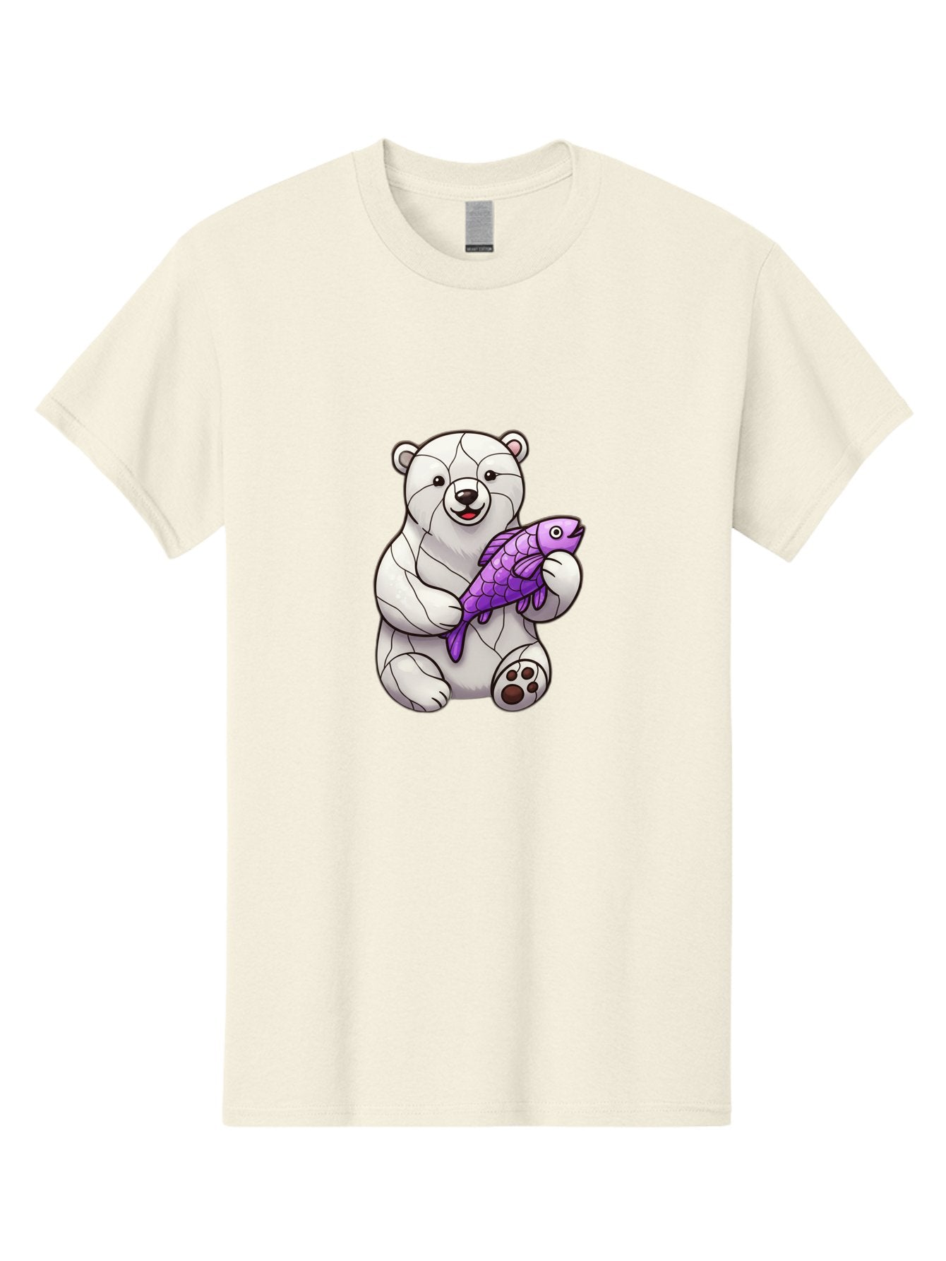 Polar-Bear-With-Purple-Fish-1 Men'S Graphic Tee, 100% Cotton, Comfortable Casual Summer Wear, Machine Washable, Cartoon Polar Bear, White Bear, Holding Purple Fish, Happy Animal, Playful Creature, Funny Illustration, Animal Graphics, Bae677 7