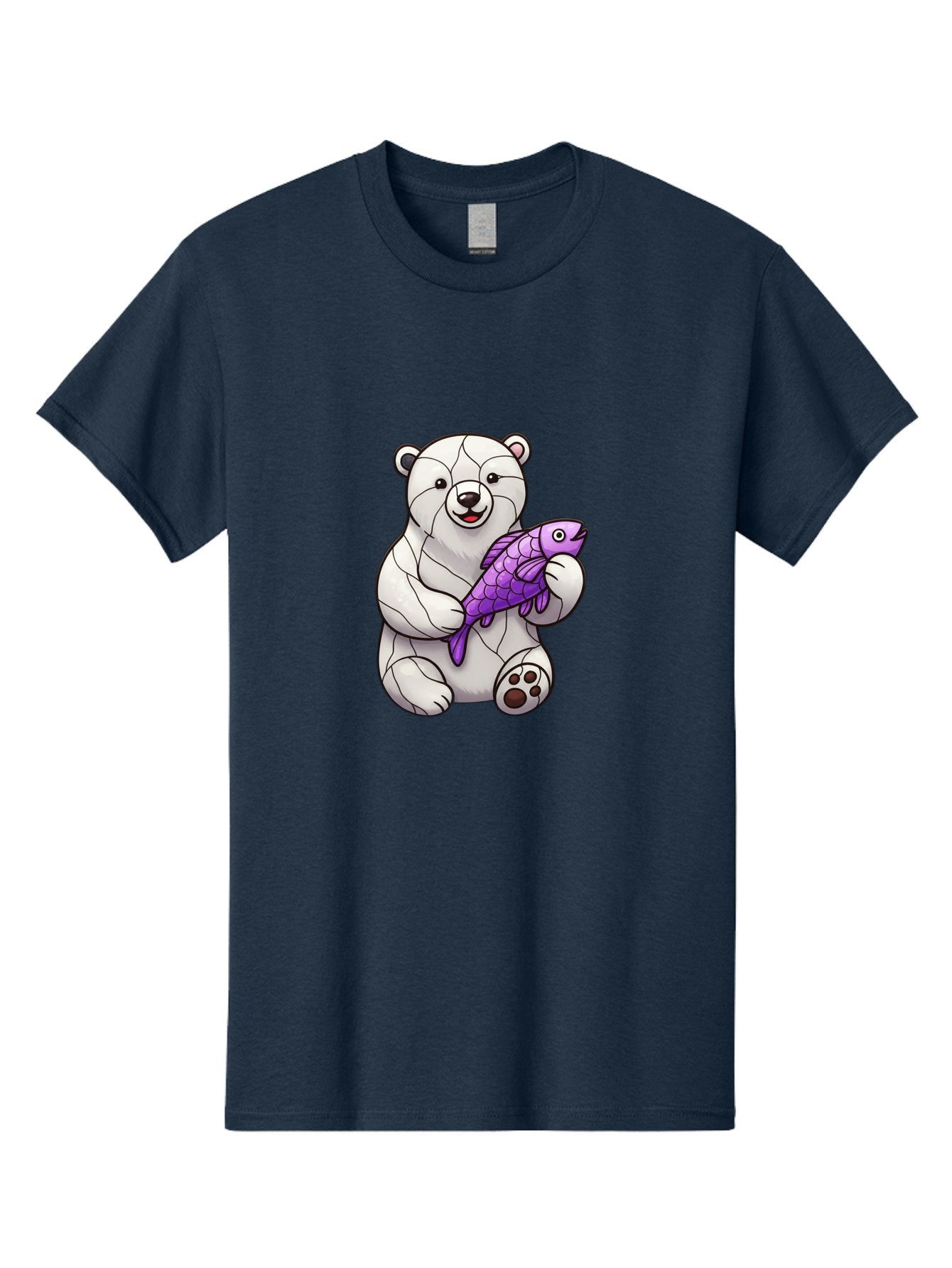 Polar-Bear-With-Purple-Fish-1 Men'S Graphic Tee, 100% Cotton, Comfortable Casual Summer Wear, Machine Washable, Cartoon Polar Bear, White Bear, Holding Purple Fish, Happy Animal, Playful Creature, Funny Illustration, Animal Graphics, Bae677 14