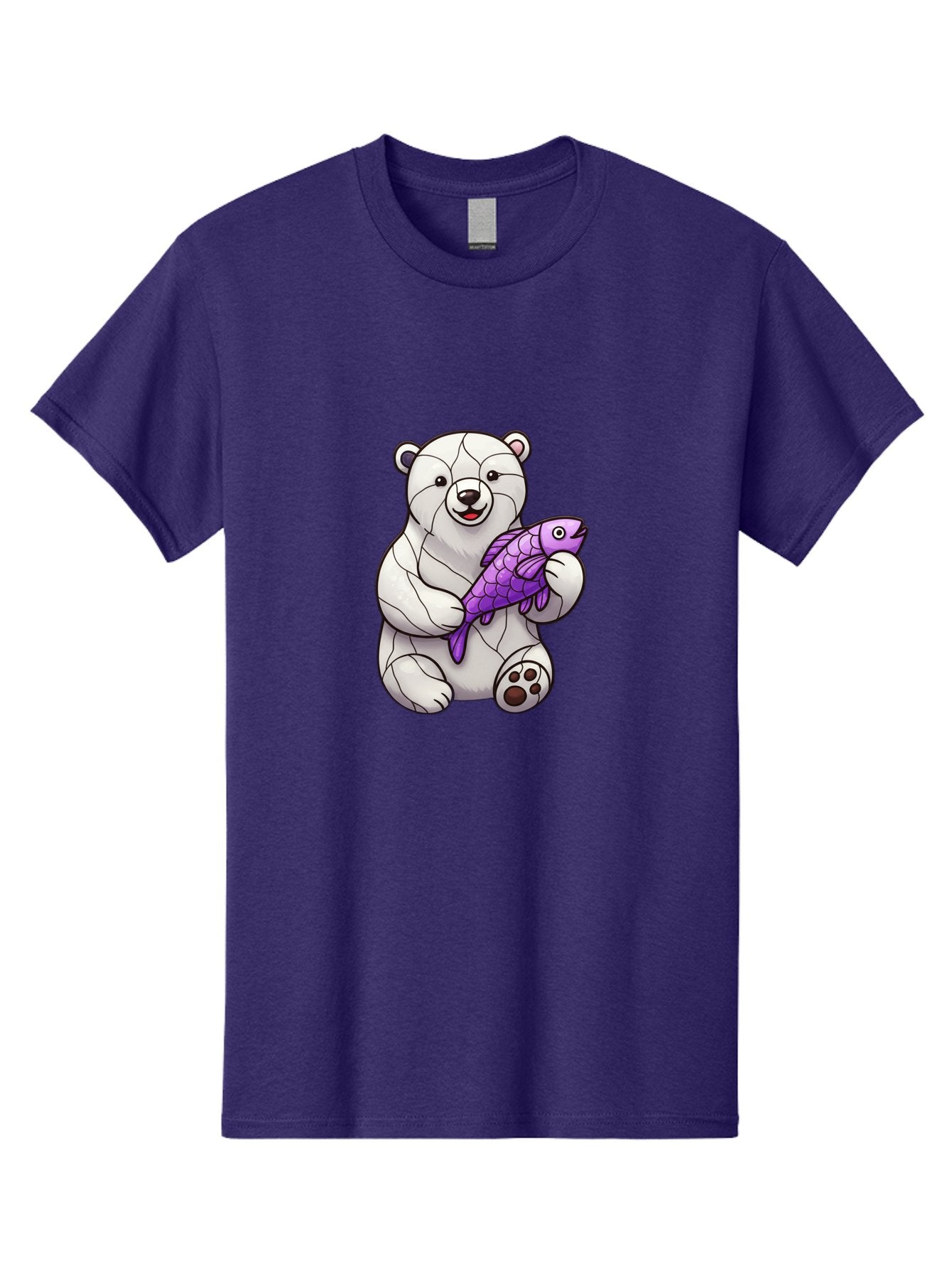 Polar-Bear-With-Purple-Fish-1 Men'S Graphic Tee, 100% Cotton, Comfortable Casual Summer Wear, Machine Washable, Cartoon Polar Bear, White Bear, Holding Purple Fish, Happy Animal, Playful Creature, Funny Illustration, Animal Graphics, Bae677 8
