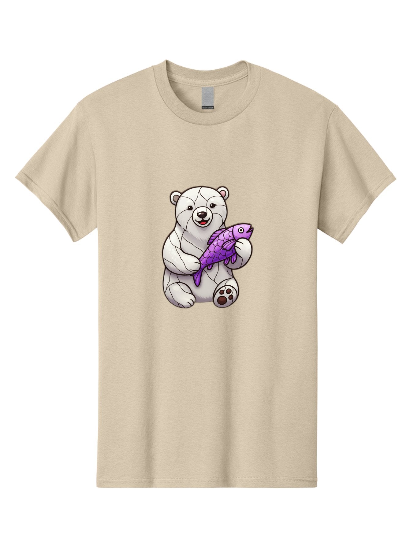 Polar-Bear-With-Purple-Fish-1 Men'S Graphic Tee, 100% Cotton, Comfortable Casual Summer Wear, Machine Washable, Cartoon Polar Bear, White Bear, Holding Purple Fish, Happy Animal, Playful Creature, Funny Illustration, Animal Graphics, Bae677 4