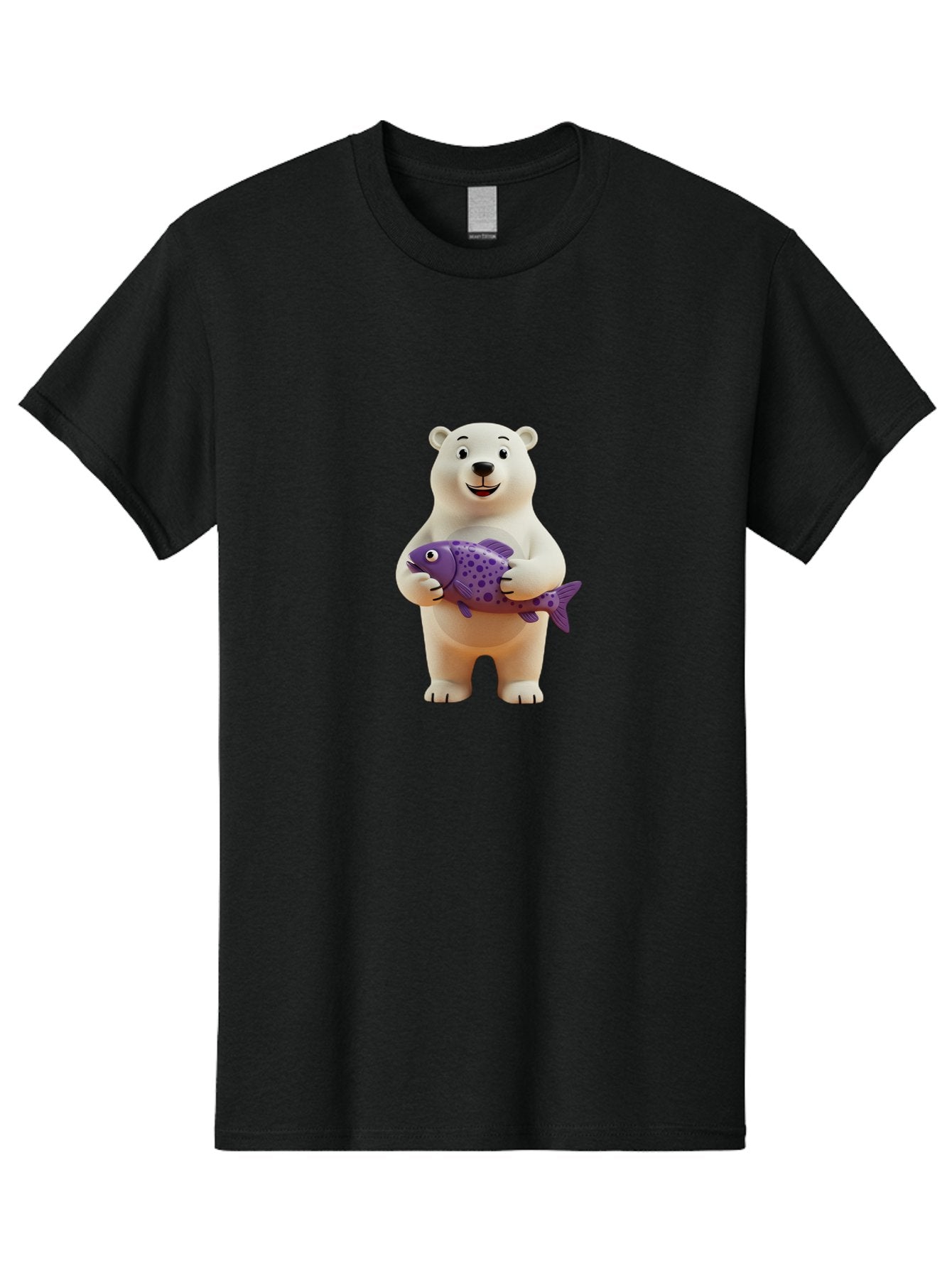 Polar-Bear-With-Purple-Fish Men'S Graphic Tee, 100% Cotton, Comfortable Casual Summer Wear, Machine Washable, Cartoon Polar Bear Holding Fish, Cute Animal, Digital Illustration, Purple Fish With Spots, Smiling Bear, Friendly Character, Bae678 5
