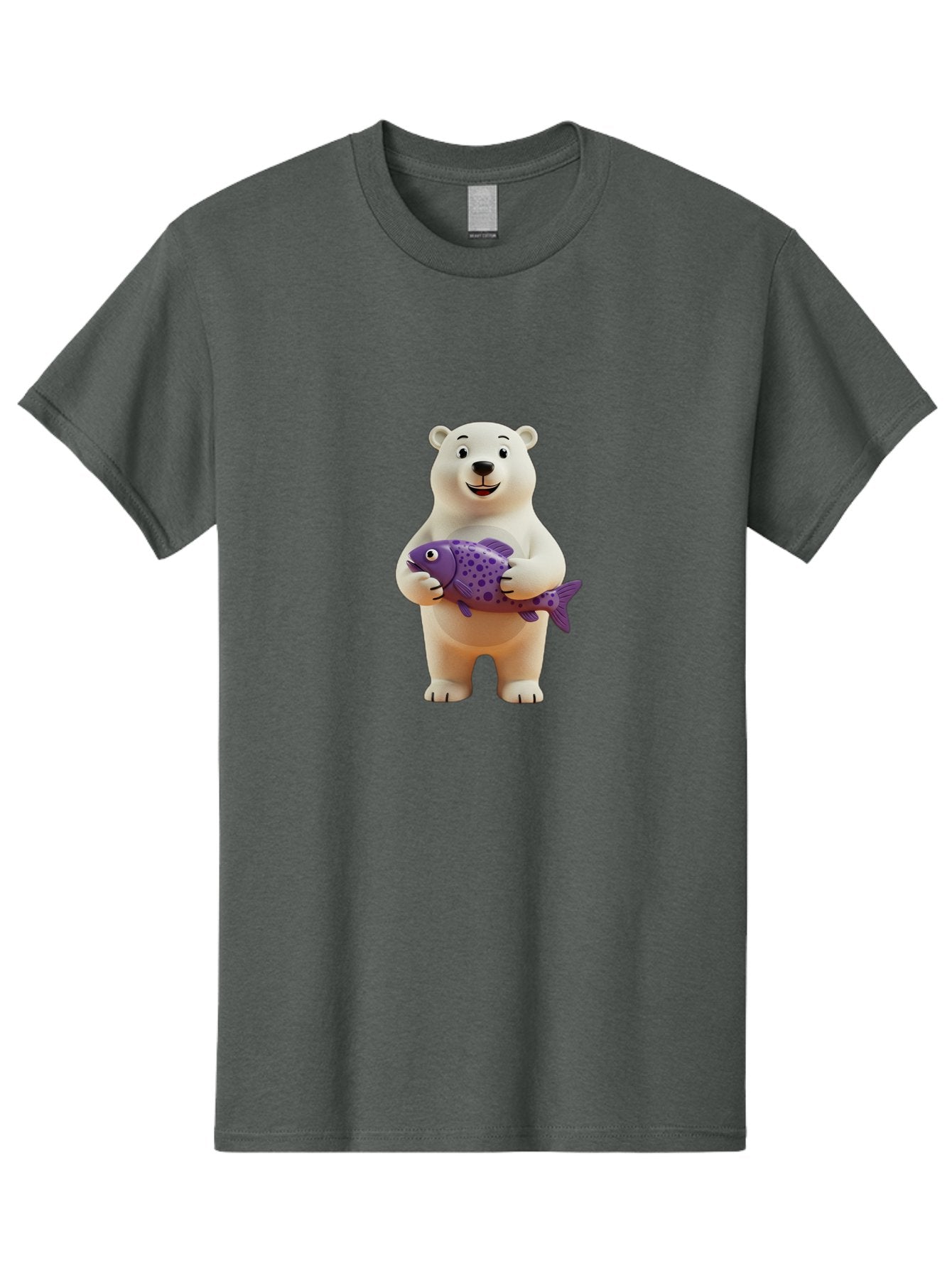 Polar-Bear-With-Purple-Fish Men'S Graphic Tee, 100% Cotton, Comfortable Casual Summer Wear, Machine Washable, Cartoon Polar Bear Holding Fish, Cute Animal, Digital Illustration, Purple Fish With Spots, Smiling Bear, Friendly Character, Bae678 3