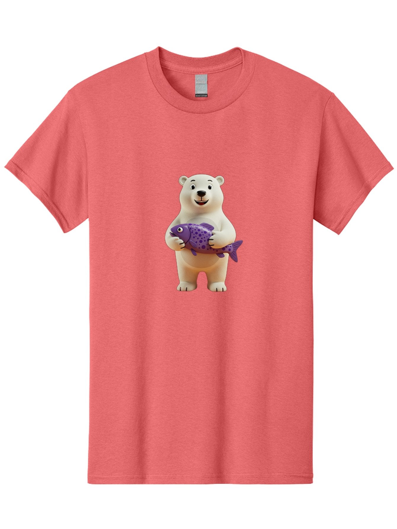 Polar-Bear-With-Purple-Fish Men'S Graphic Tee, 100% Cotton, Comfortable Casual Summer Wear, Machine Washable, Cartoon Polar Bear Holding Fish, Cute Animal, Digital Illustration, Purple Fish With Spots, Smiling Bear, Friendly Character, Bae678 10