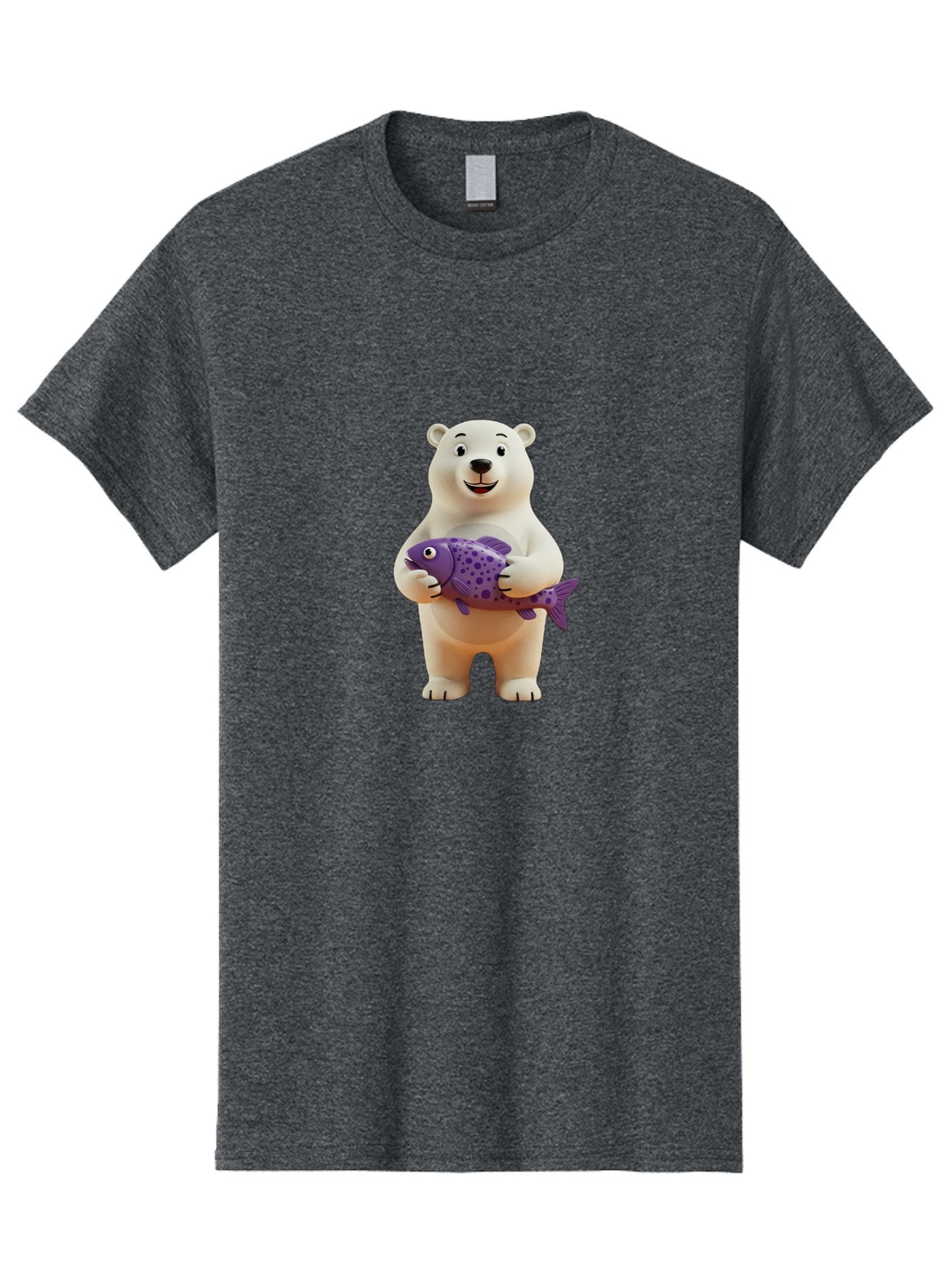 Polar-Bear-With-Purple-Fish Men'S Graphic Tee, 100% Cotton, Comfortable Casual Summer Wear, Machine Washable, Cartoon Polar Bear Holding Fish, Cute Animal, Digital Illustration, Purple Fish With Spots, Smiling Bear, Friendly Character, Bae678 4