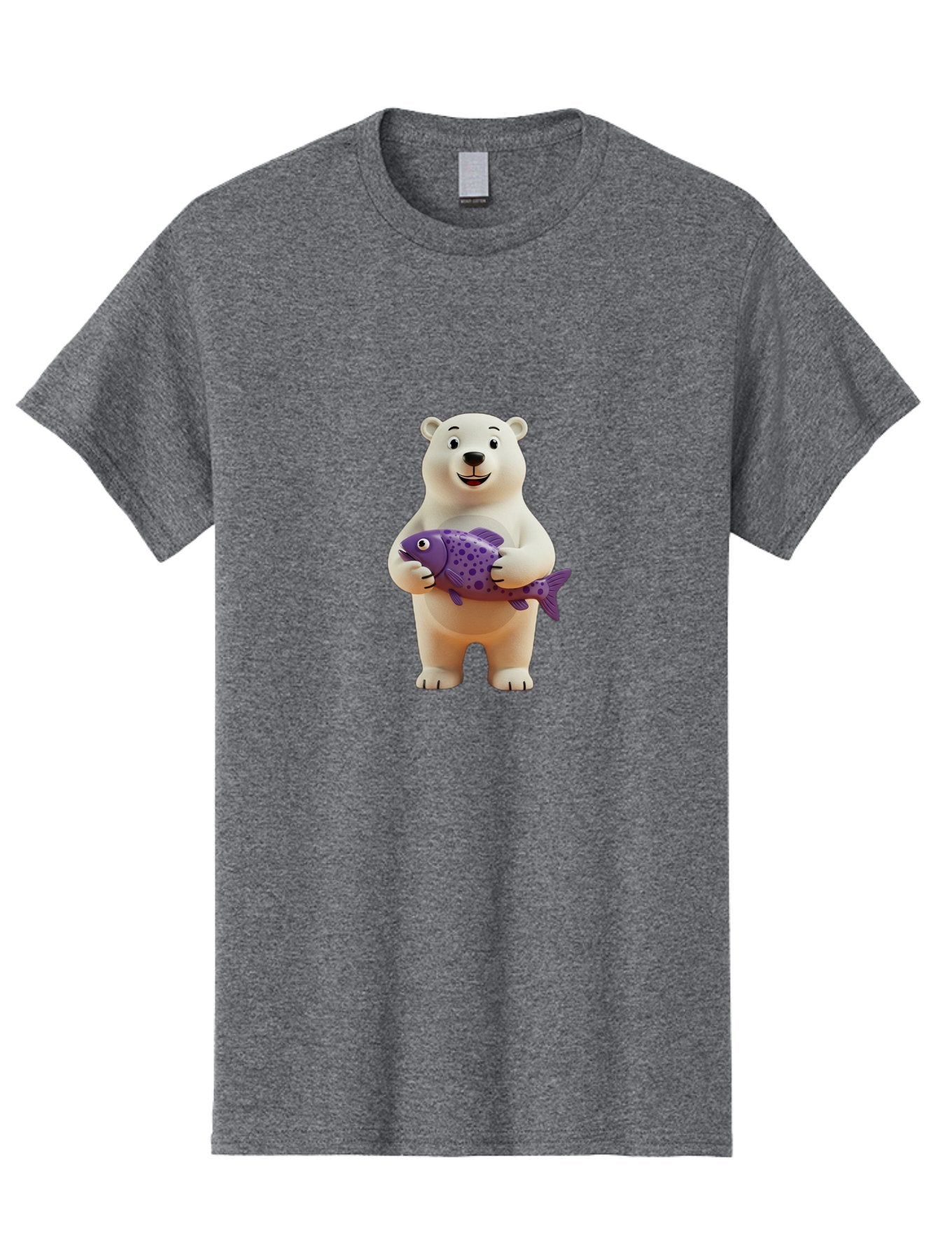Polar-Bear-With-Purple-Fish Men'S Graphic Tee, 100% Cotton, Comfortable Casual Summer Wear, Machine Washable, Cartoon Polar Bear Holding Fish, Cute Animal, Digital Illustration, Purple Fish With Spots, Smiling Bear, Friendly Character, Bae678 14