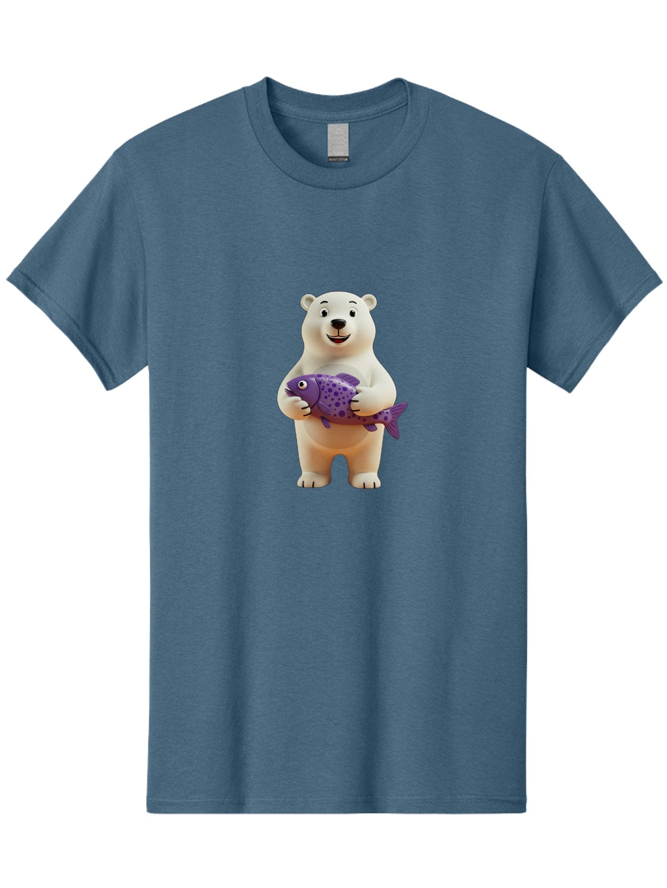 Polar-Bear-With-Purple-Fish Men'S Graphic Tee, 100% Cotton, Comfortable Casual Summer Wear, Machine Washable, Cartoon Polar Bear Holding Fish, Cute Animal, Digital Illustration, Purple Fish With Spots, Smiling Bear, Friendly Character, Bae678