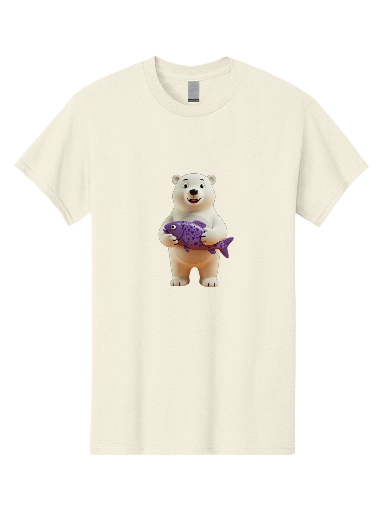 Polar-Bear-With-Purple-Fish Men'S Graphic Tee, 100% Cotton, Comfortable Casual Summer Wear, Machine Washable, Cartoon Polar Bear Holding Fish, Cute Animal, Digital Illustration, Purple Fish With Spots, Smiling Bear, Friendly Character, Bae678 15