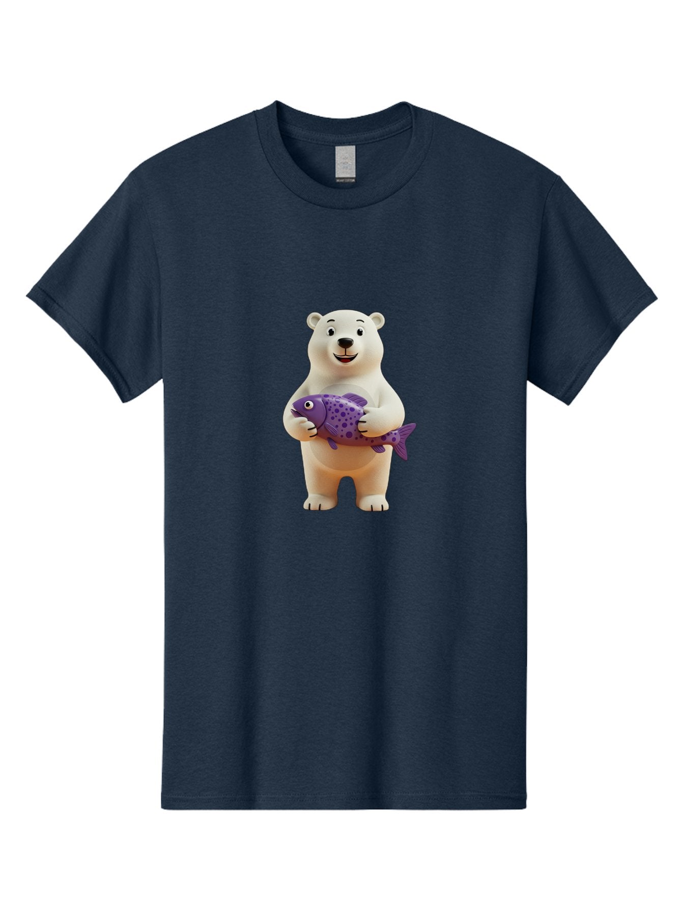 Polar-Bear-With-Purple-Fish Men'S Graphic Tee, 100% Cotton, Comfortable Casual Summer Wear, Machine Washable, Cartoon Polar Bear Holding Fish, Cute Animal, Digital Illustration, Purple Fish With Spots, Smiling Bear, Friendly Character, Bae678 13