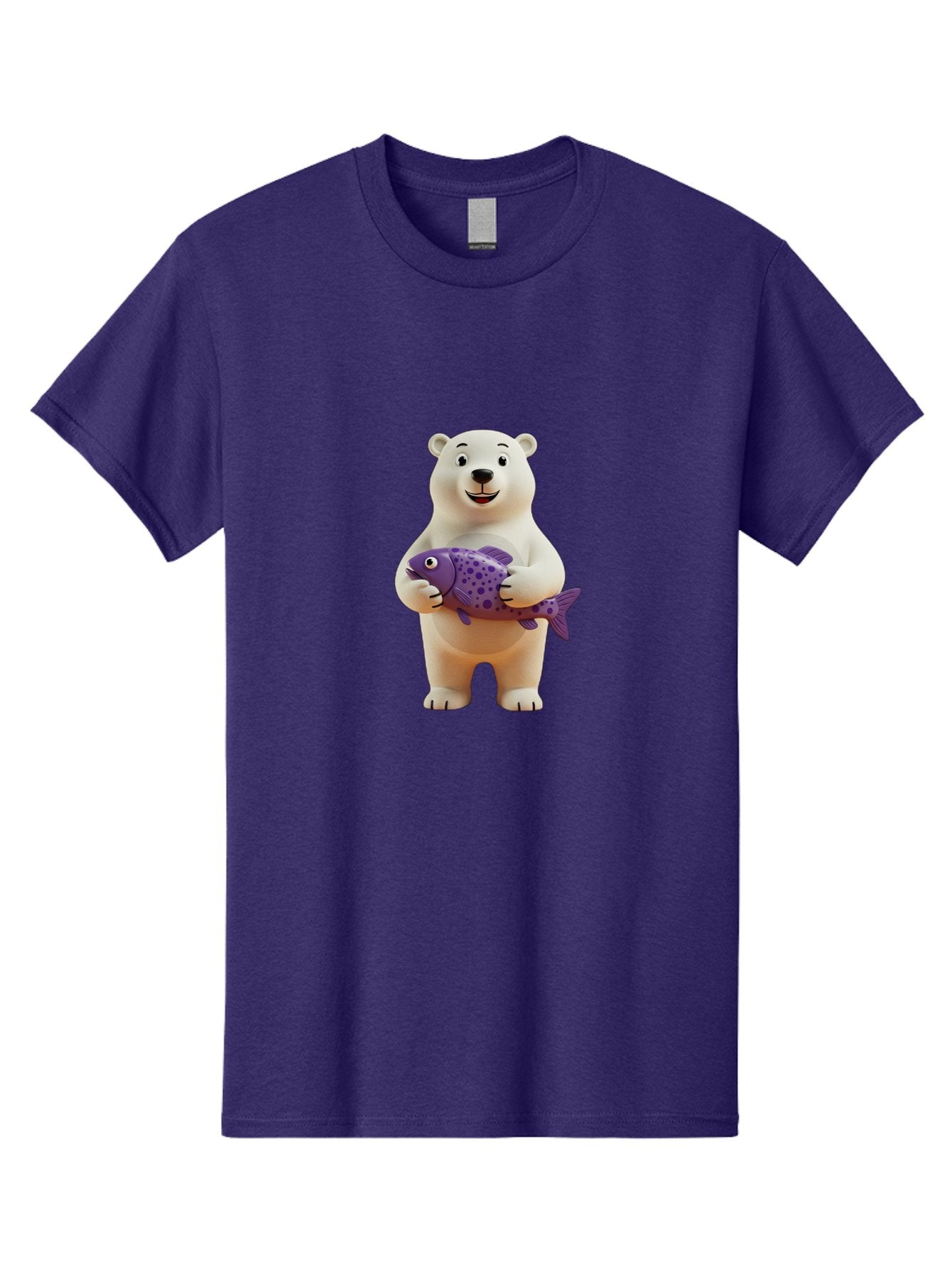 Polar-Bear-With-Purple-Fish Men'S Graphic Tee, 100% Cotton, Comfortable Casual Summer Wear, Machine Washable, Cartoon Polar Bear Holding Fish, Cute Animal, Digital Illustration, Purple Fish With Spots, Smiling Bear, Friendly Character, Bae678 7
