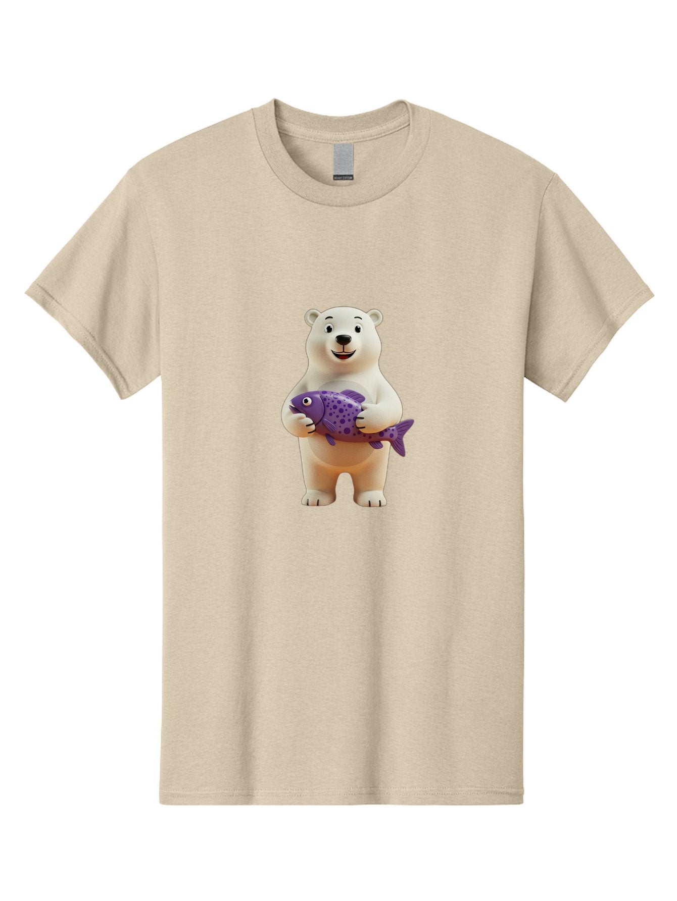 Polar-Bear-With-Purple-Fish Men'S Graphic Tee, 100% Cotton, Comfortable Casual Summer Wear, Machine Washable, Cartoon Polar Bear Holding Fish, Cute Animal, Digital Illustration, Purple Fish With Spots, Smiling Bear, Friendly Character, Bae678 12