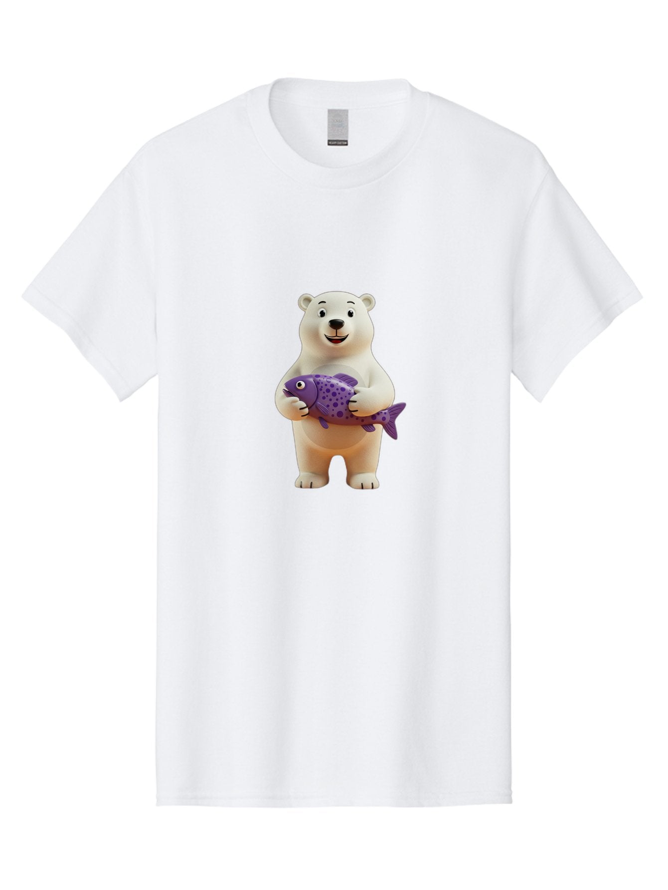 Polar-Bear-With-Purple-Fish Men'S Graphic Tee, 100% Cotton, Comfortable Casual Summer Wear, Machine Washable, Cartoon Polar Bear Holding Fish, Cute Animal, Digital Illustration, Purple Fish With Spots, Smiling Bear, Friendly Character, Bae678 8