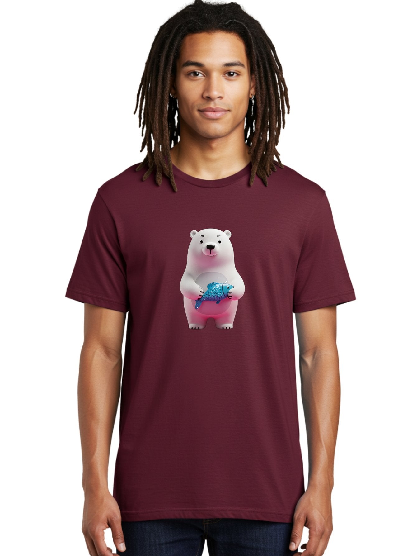 Polar-Bear Men'S Graphic Tee, 100% Cotton, Comfortable Casual Summer Wear, Machine Washable, White Polar Bear, Blue Fish, Cartoon Character, 3D Illustration, Playful Scene, Cute Bear, Underwater Friend, Sea Creature, Adorable, Childlike Charm, Bae679 30