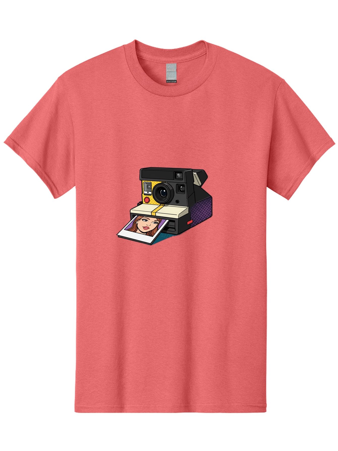 Polaroid-Camera-5 Men'S Graphic Tee, 100% Cotton, Comfortable Casual Summer Wear, Machine Washable, Instant Camera, Polaroid Photography, Retro Camera, Smiling Woman Portrait, Red Lips, Analog Photography, Instant Print Bae685