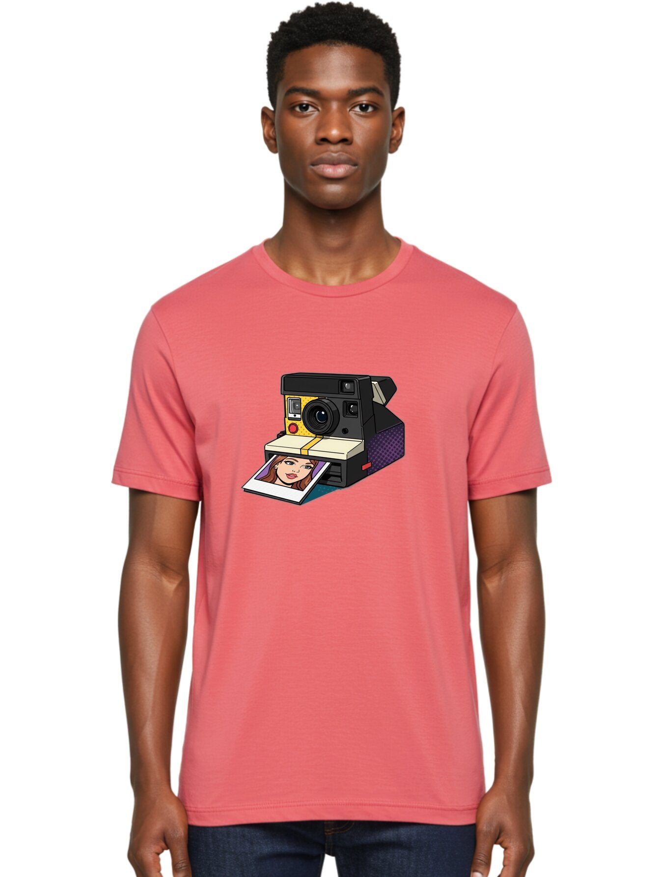 Polaroid-Camera-5 Men'S Graphic Tee, 100% Cotton, Comfortable Casual Summer Wear, Machine Washable, Instant Camera, Polaroid Photography, Retro Camera, Smiling Woman Portrait, Red Lips, Analog Photography, Instant Print Bae685 21