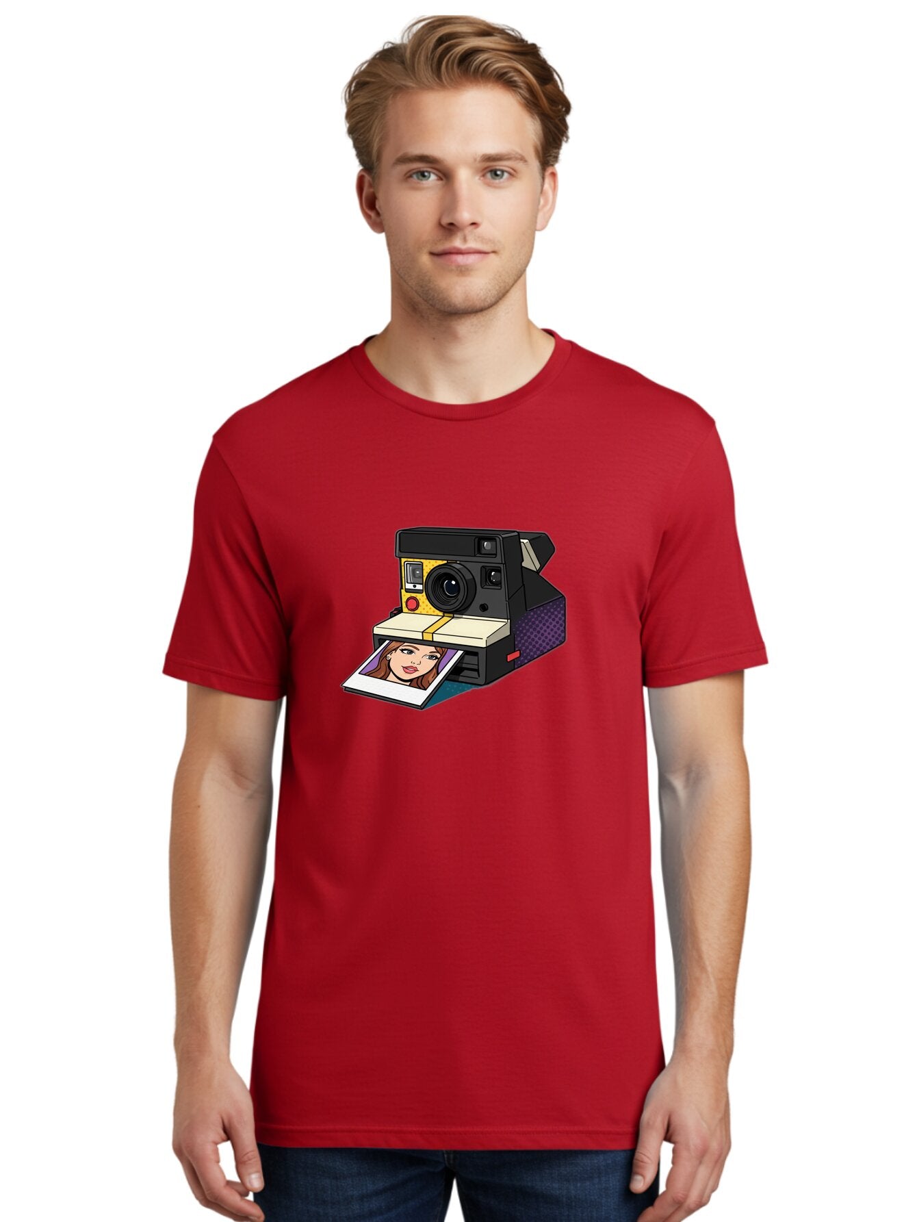 Polaroid-Camera-5 Men'S Graphic Tee, 100% Cotton, Comfortable Casual Summer Wear, Machine Washable, Instant Camera, Polaroid Photography, Retro Camera, Smiling Woman Portrait, Red Lips, Analog Photography, Instant Print Bae685 18