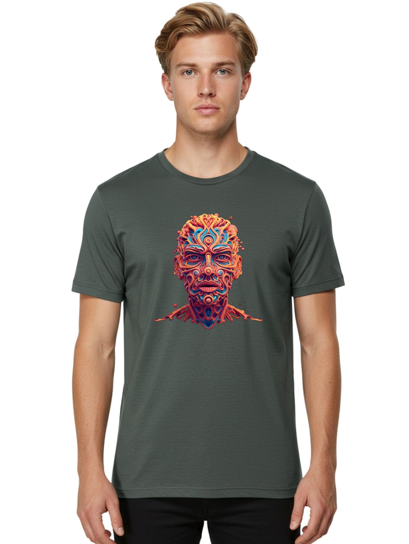 Psychedelic-Portrait Men'S Graphic Tee, 100% Cotton, Comfortable Casual Summer Wear, Machine Washable, Surreal Art, Psychedelic Patterns, Vibrant Colors, Abstract Design, Intricate Details, Futuristic Style, Vivid Imagery, Digital Art, Bae693 24