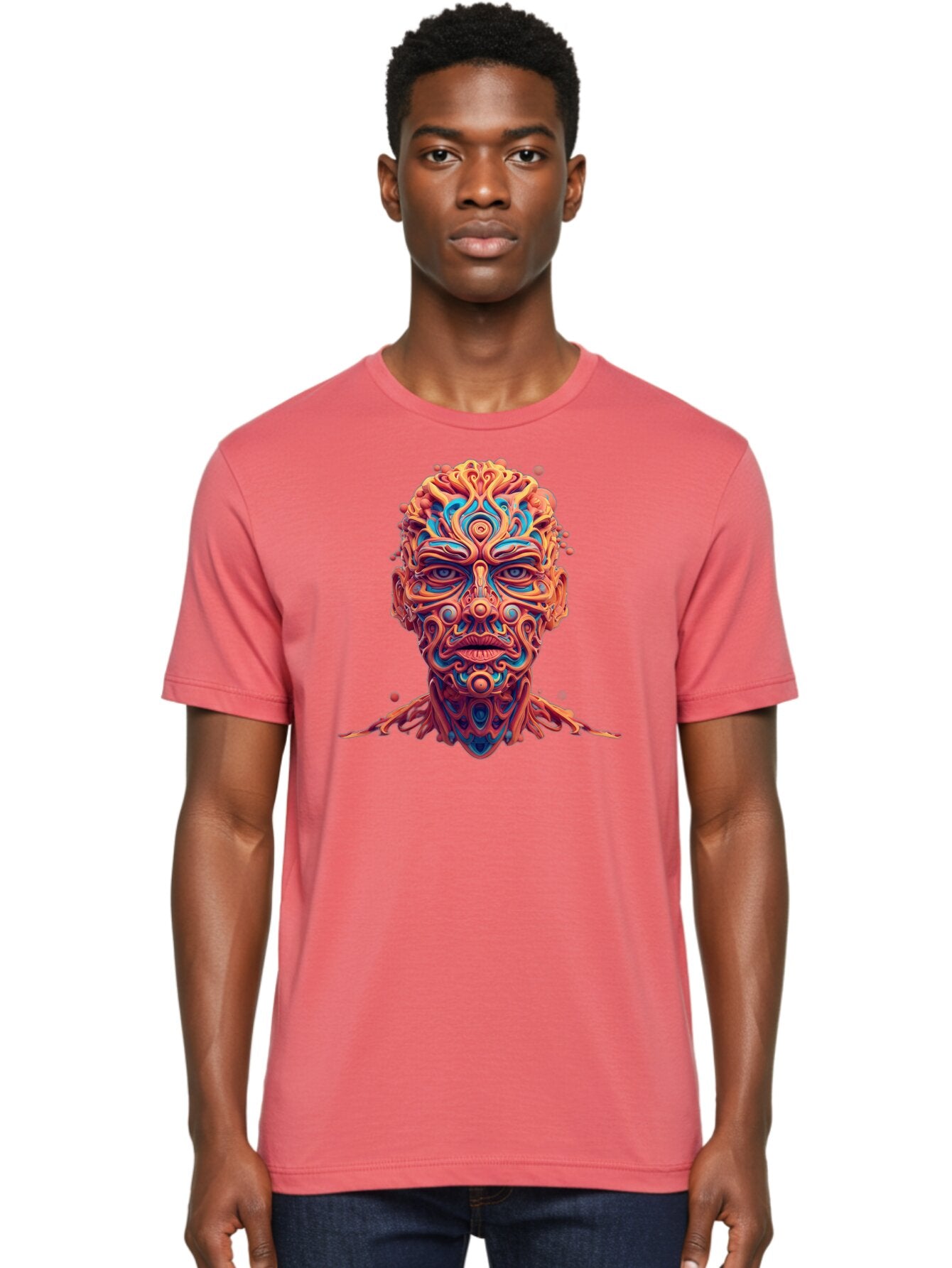 Psychedelic-Portrait Men'S Graphic Tee, 100% Cotton, Comfortable Casual Summer Wear, Machine Washable, Surreal Art, Psychedelic Patterns, Vibrant Colors, Abstract Design, Intricate Details, Futuristic Style, Vivid Imagery, Digital Art, Bae693 17