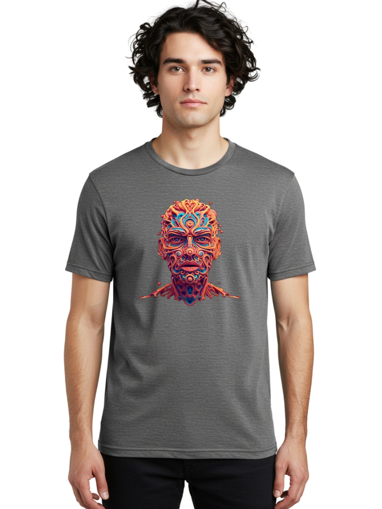 Psychedelic-Portrait Men'S Graphic Tee, 100% Cotton, Comfortable Casual Summer Wear, Machine Washable, Surreal Art, Psychedelic Patterns, Vibrant Colors, Abstract Design, Intricate Details, Futuristic Style, Vivid Imagery, Digital Art, Bae693 21