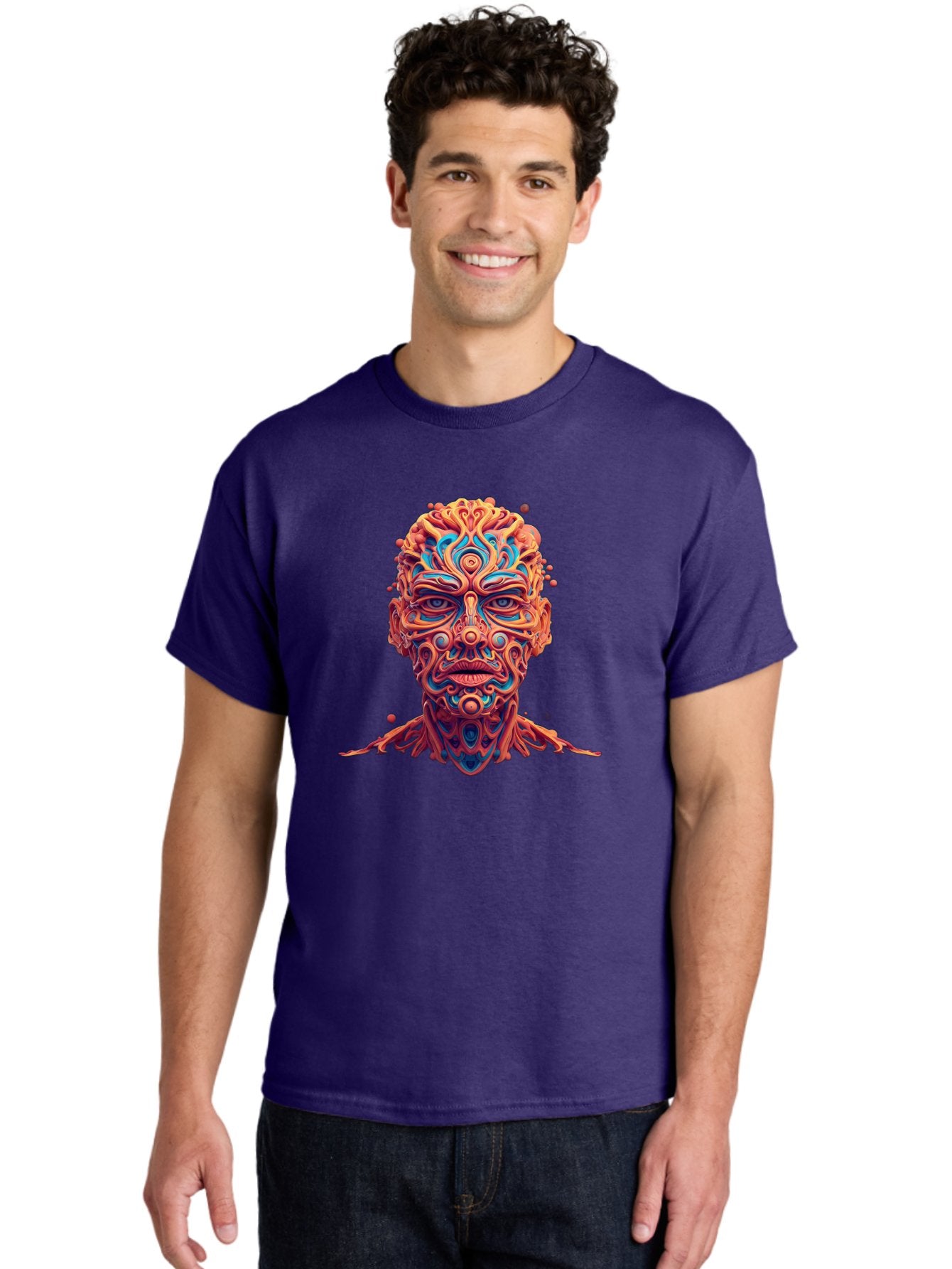 Psychedelic-Portrait Men'S Graphic Tee, 100% Cotton, Comfortable Casual Summer Wear, Machine Washable, Surreal Art, Psychedelic Patterns, Vibrant Colors, Abstract Design, Intricate Details, Futuristic Style, Vivid Imagery, Digital Art, Bae693 16
