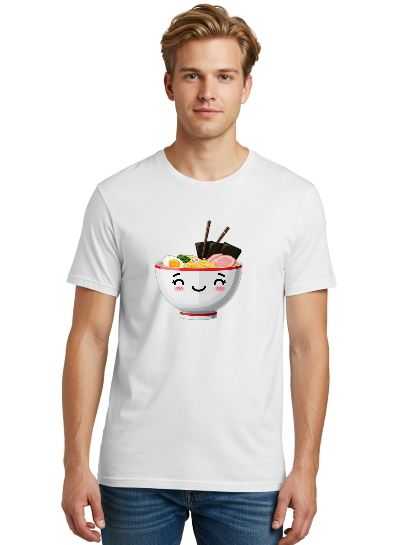 Ramen-1 Men'S Graphic Tee, 100% Cotton, Comfortable Casual Summer Wear, Machine Washable, Steaming Bowl Of Ramen, Savory Noodles, Boiled Egg, Sliced Pork, Seaweed, Chopsticks, Cute Cartoon Character, Japanese Cuisine, Food Illustration, Bae698 24