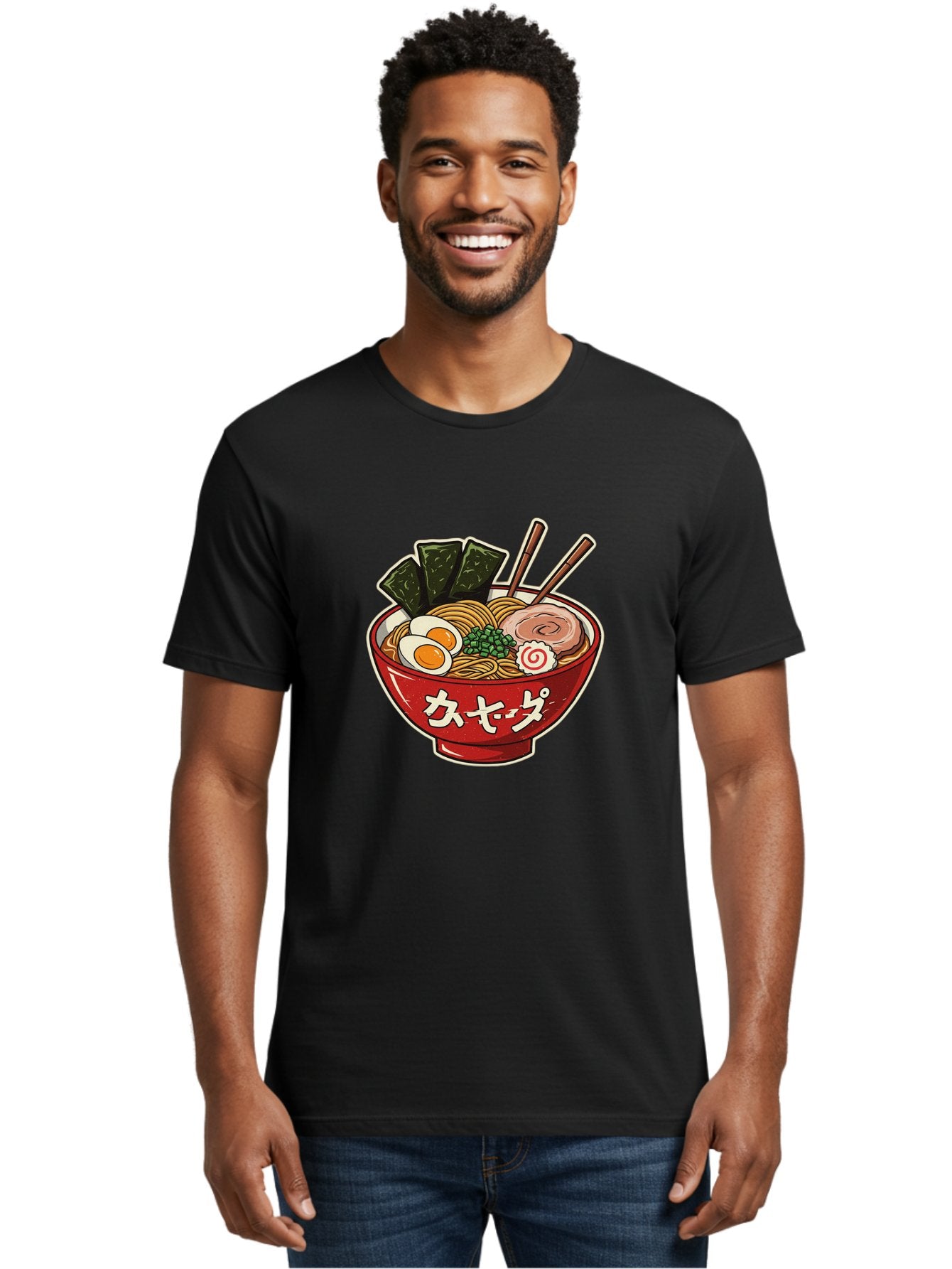 Ramen-4 Men'S Graphic Tee, 100% Cotton, Comfortable Casual Summer Wear, Machine Washable, Japanese Ramen, Noodle Soup, Boiled Egg, Green Peas, Seaweed, Sliced Pork, Chopsticks, Japanese Cuisine, Red Bowl, Katakana Script Bae701 29