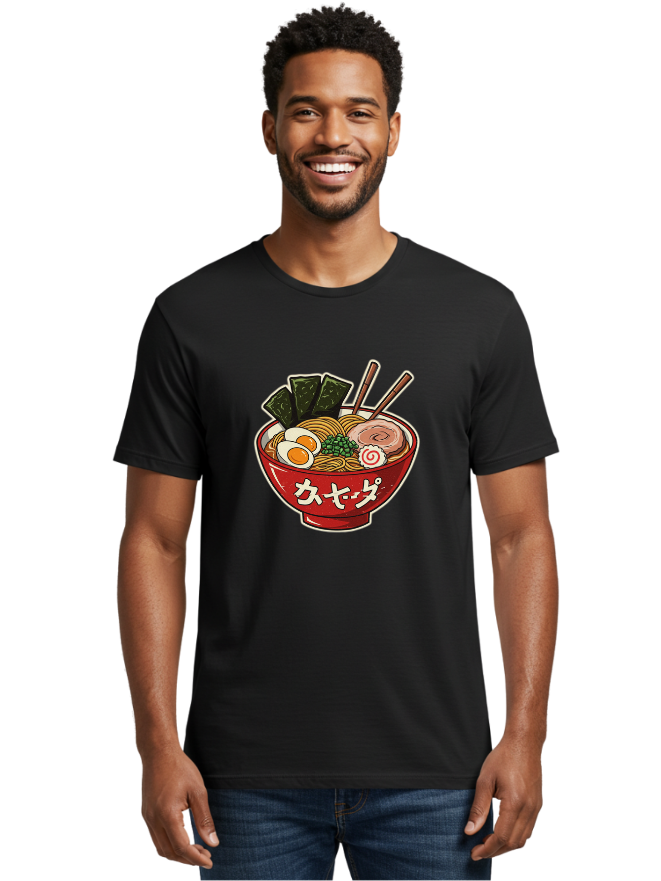 Ramen-4 Men'S Graphic Tee, 100% Cotton, Comfortable Casual Summer Wear, Machine Washable, Japanese Ramen, Noodle Soup, Boiled Egg, Green Peas, Seaweed, Sliced Pork, Chopsticks, Japanese Cuisine, Red Bowl, Katakana Script Bae701 17