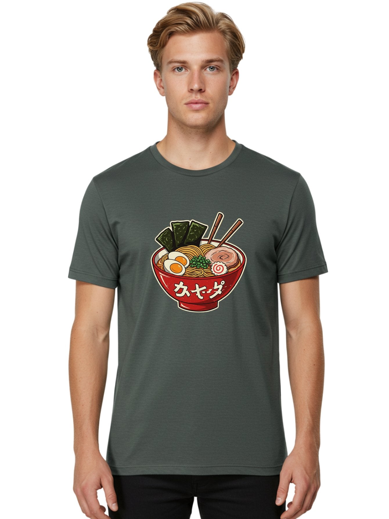 Ramen-4 Men'S Graphic Tee, 100% Cotton, Comfortable Casual Summer Wear, Machine Washable, Japanese Ramen, Noodle Soup, Boiled Egg, Green Peas, Seaweed, Sliced Pork, Chopsticks, Japanese Cuisine, Red Bowl, Katakana Script Bae701 16